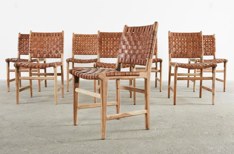 Set of Eight Teak and Woven Leather Strap Dining Chairs at 1stDibs