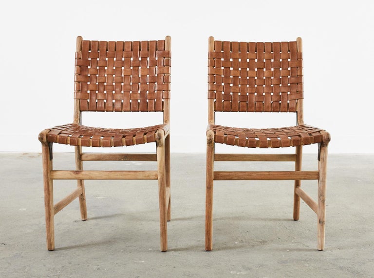 Set of Eight Teak and Woven Leather Strap Dining Chairs at 1stDibs