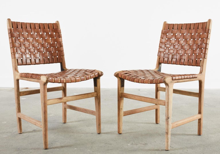 Set of Eight Teak and Woven Leather Strap Dining Chairs at 1stDibs