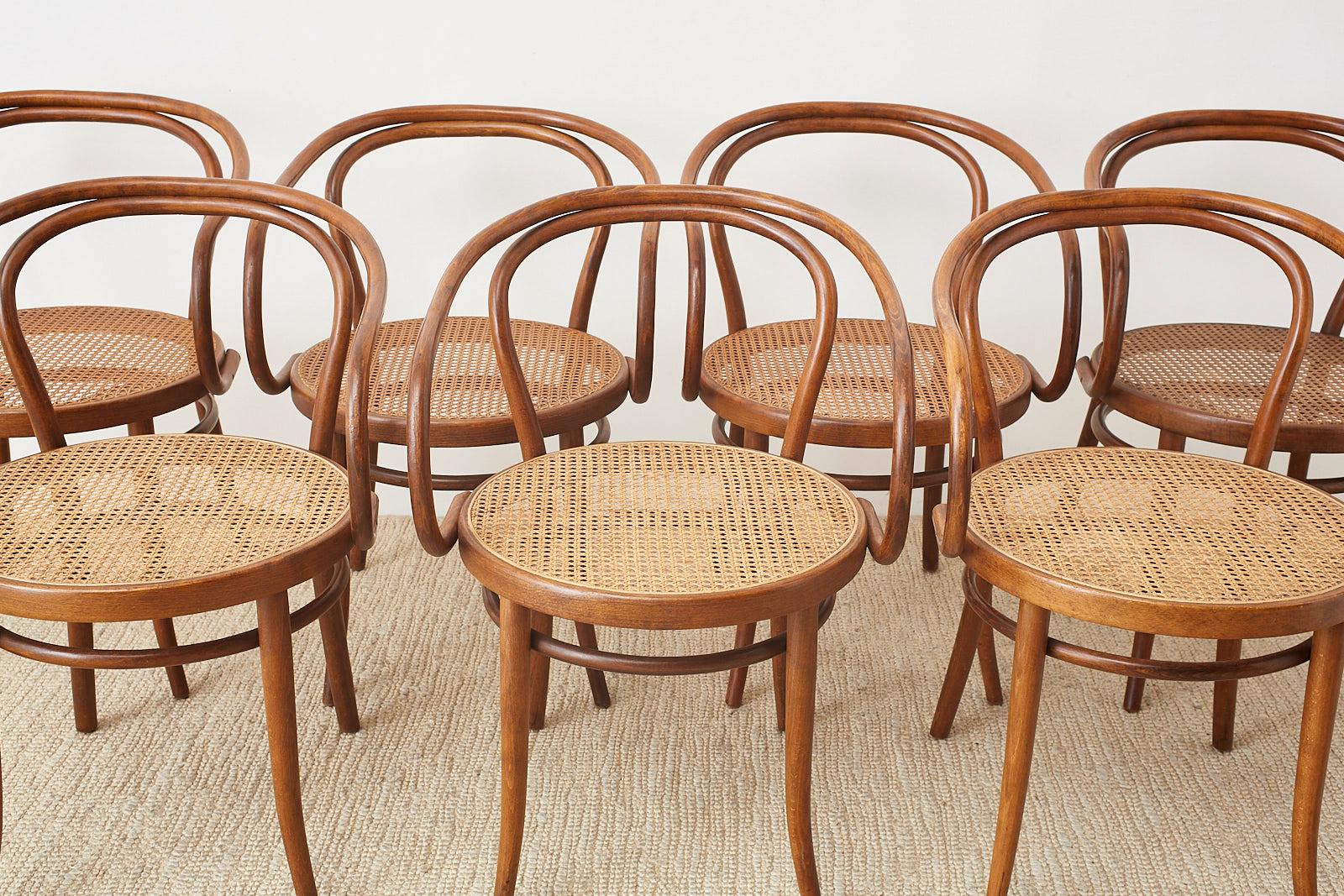 Mid-Century Modern Set of Eight Thonet 209 Bentwood Cane Armchairs