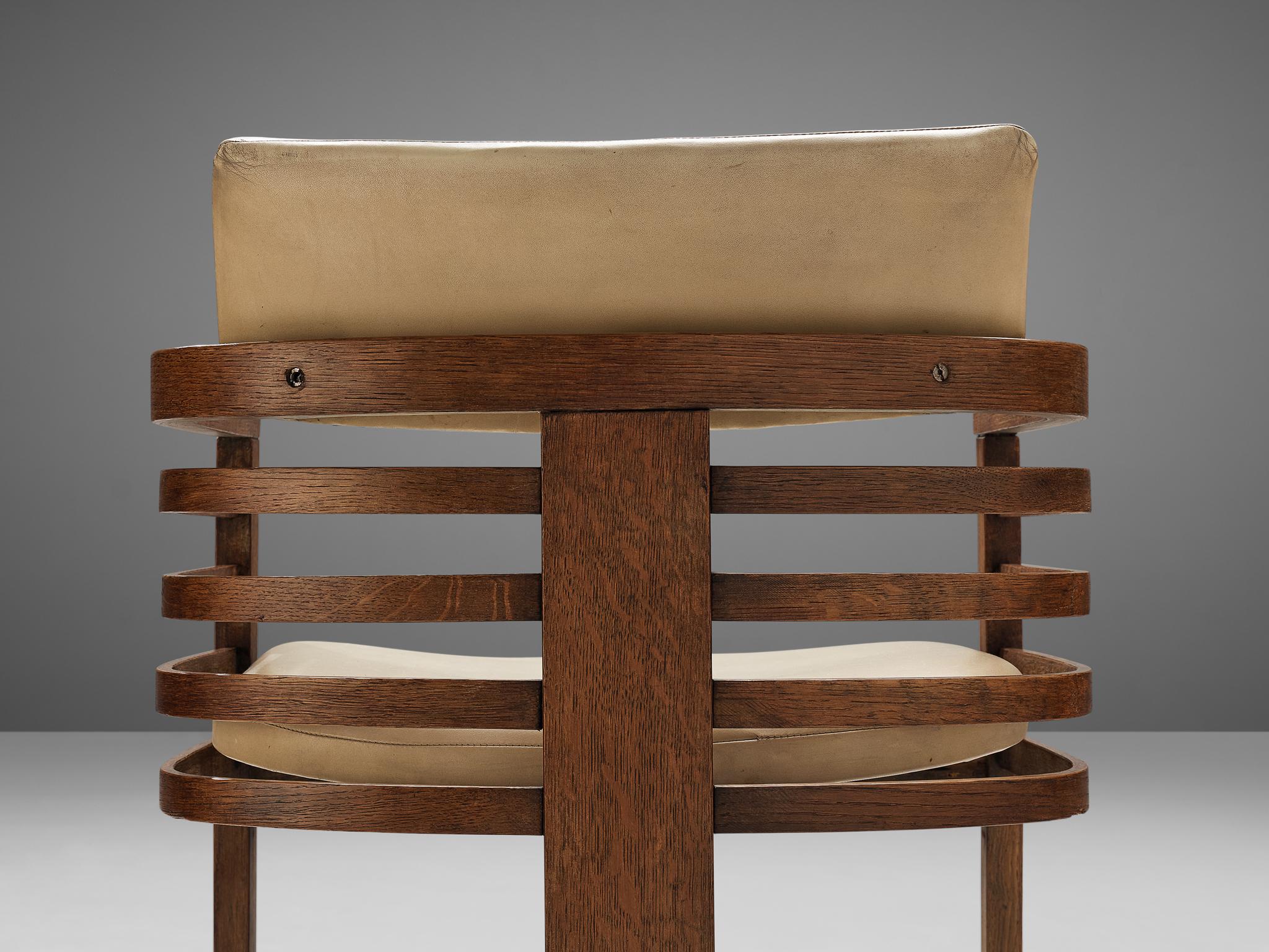 Set of Eight Three-Legged Dining Chairs in Off-White Leather 3