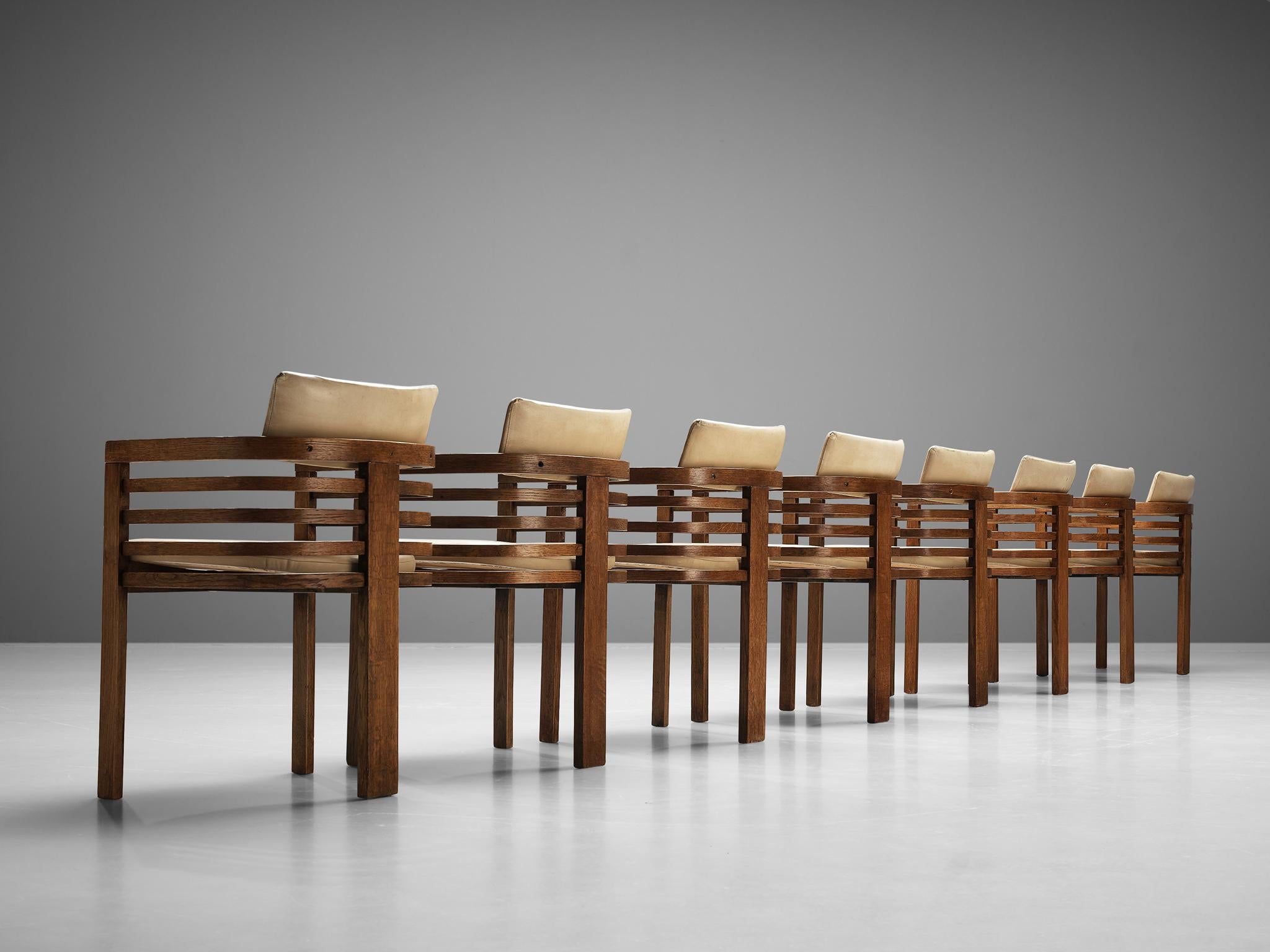 Mid-Century Modern Set of Eight Three-Legged Dining Chairs in Off-White Leather