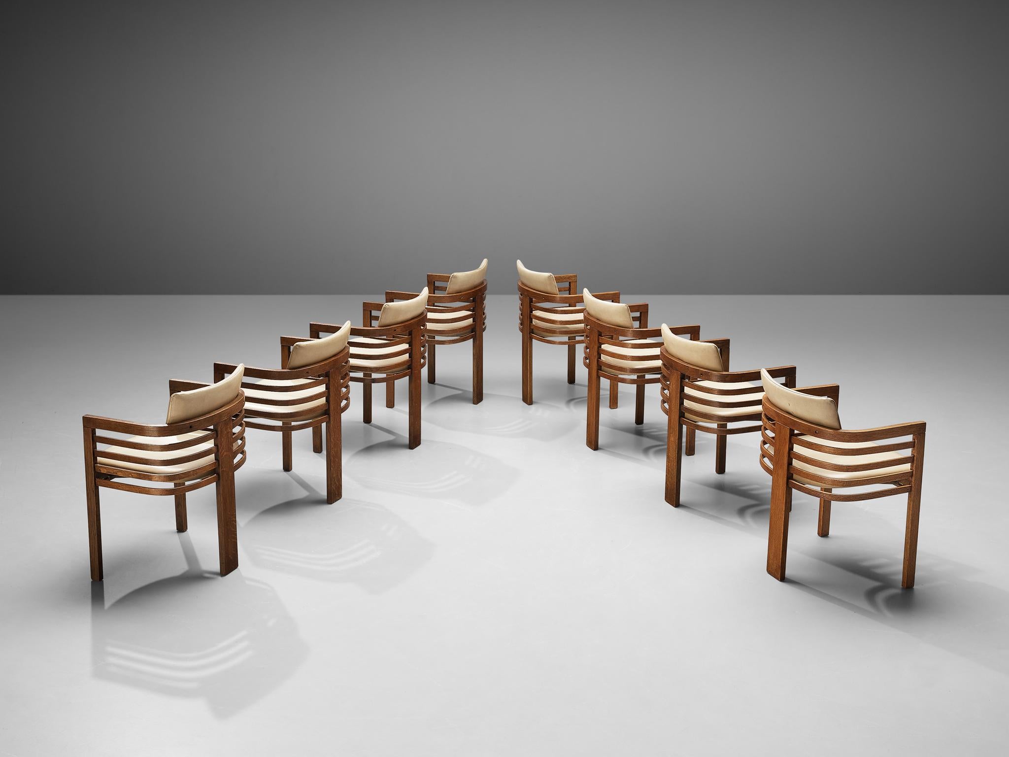 Italian Set of Eight Three-Legged Dining Chairs in Off-White Leather