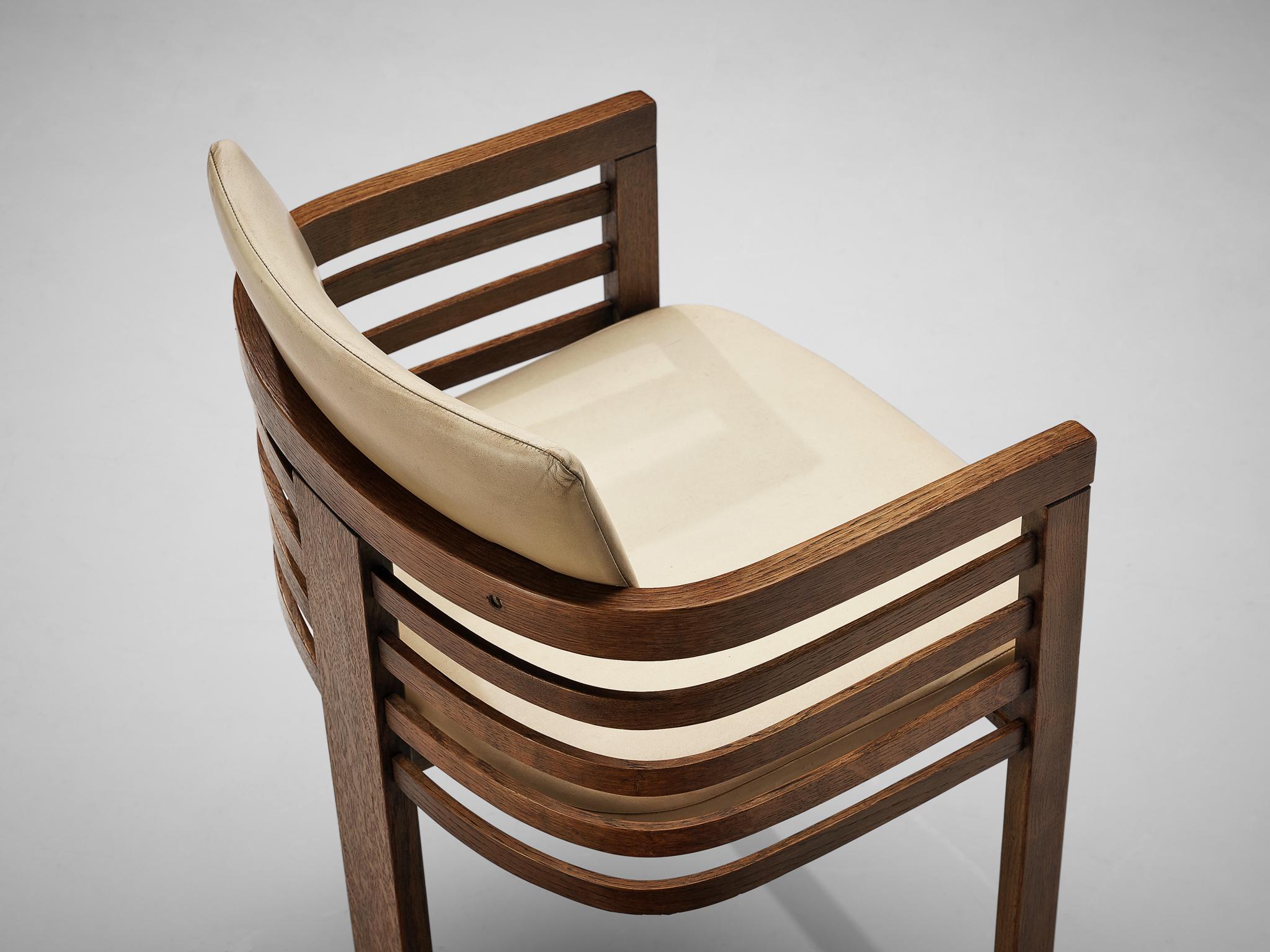 Mid-20th Century Set of Eight Three-Legged Dining Chairs in Off-White Leather