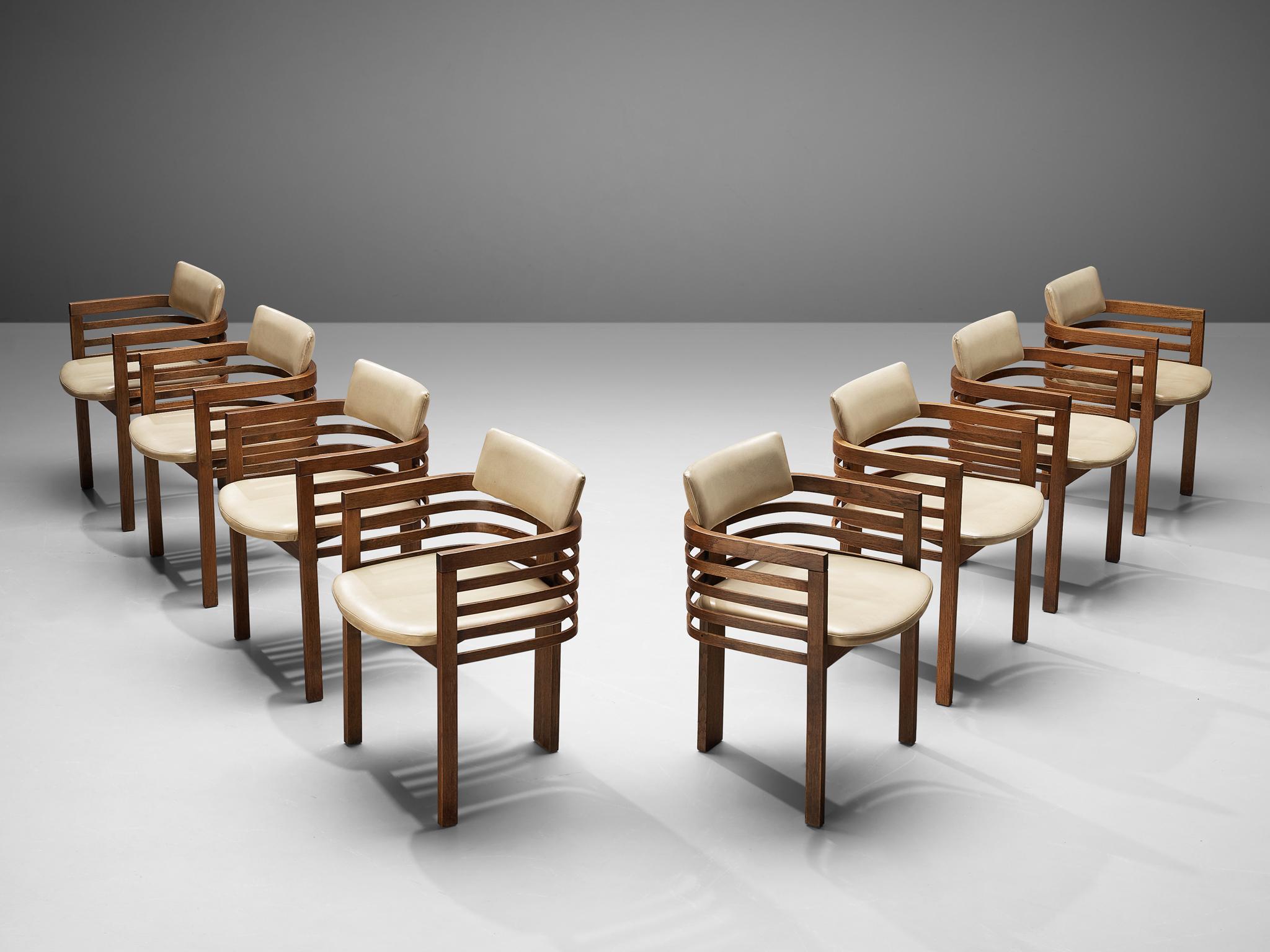 Set of Eight Three-Legged Dining Chairs in Off-White Leather 1