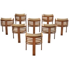 Set of Eight Three-Legged Dining Chairs in Off-White Leather