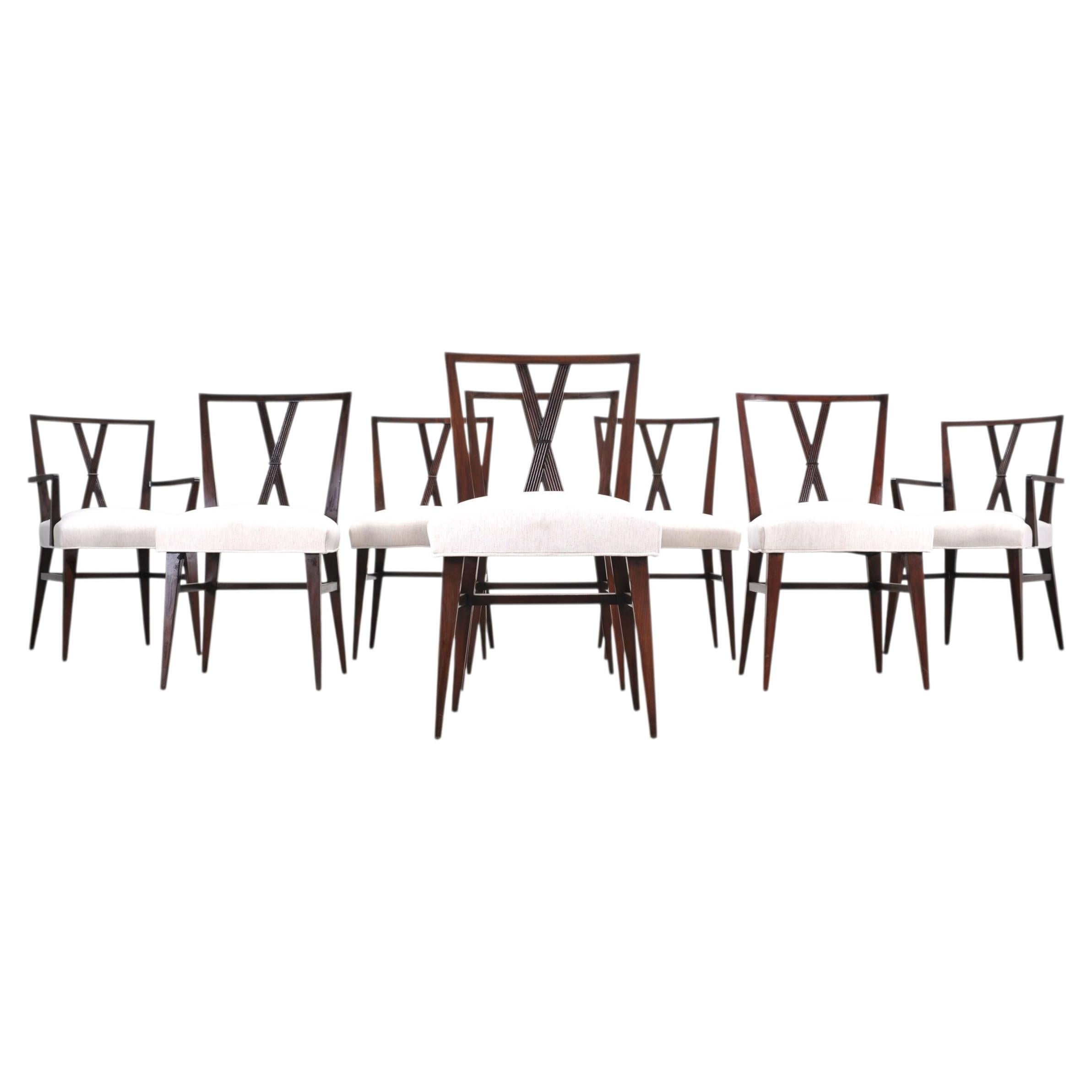 Conjunto de ocho sillas de comedor de caoba con respaldo en X Tommi Parzinger en venta