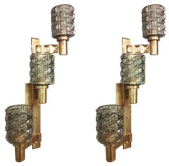 Set of Eight Triple Smoky Murano Glass Sconces. Italy, 1980's.
