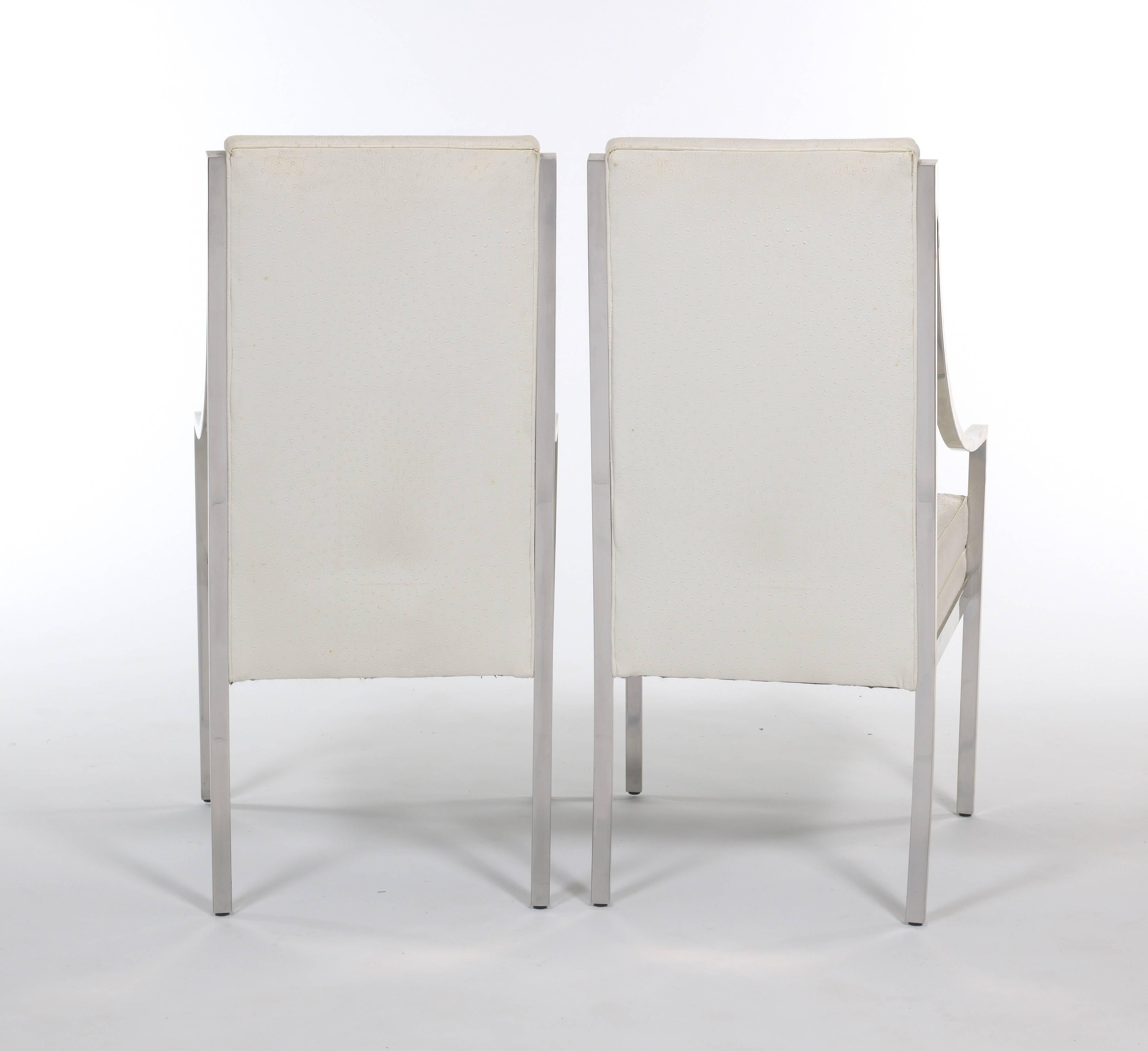 Mid-Century Modern Set of Eight White Faux Ostrich Leather and Chrome Dining Chairs