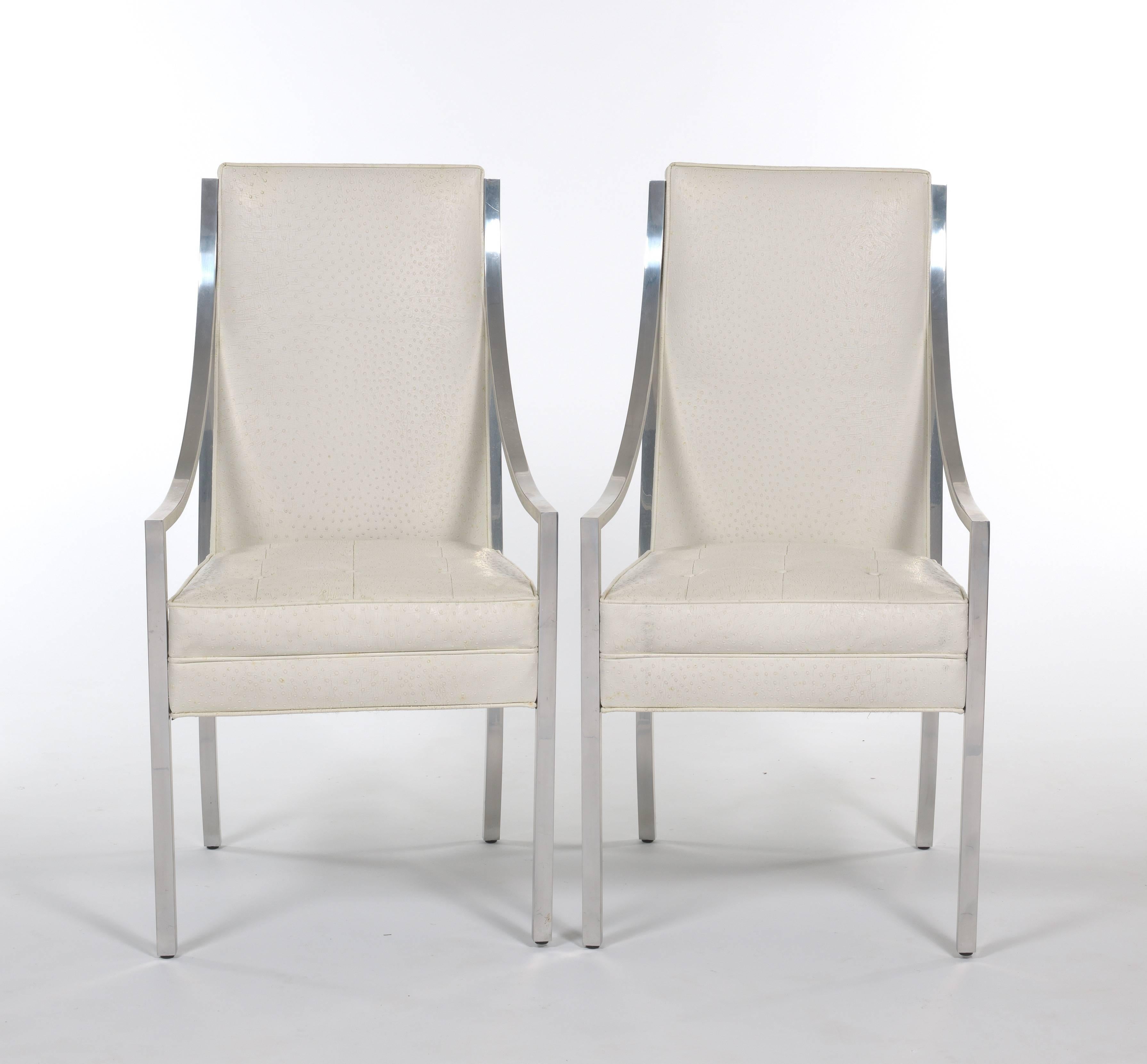 Italian Set of Eight White Faux Ostrich Leather and Chrome Dining Chairs