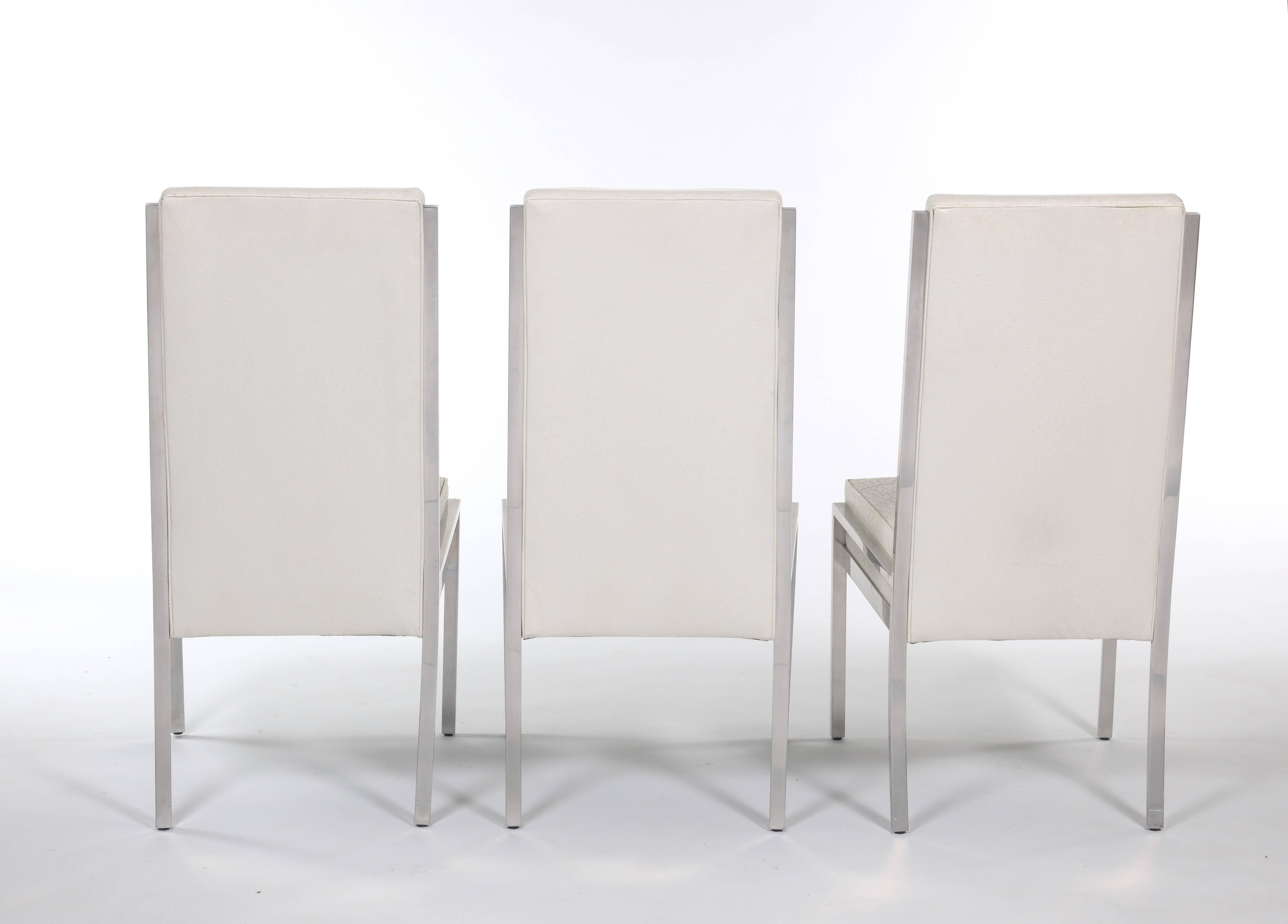 Late 20th Century Set of Eight White Faux Ostrich Leather and Chrome Dining Chairs
