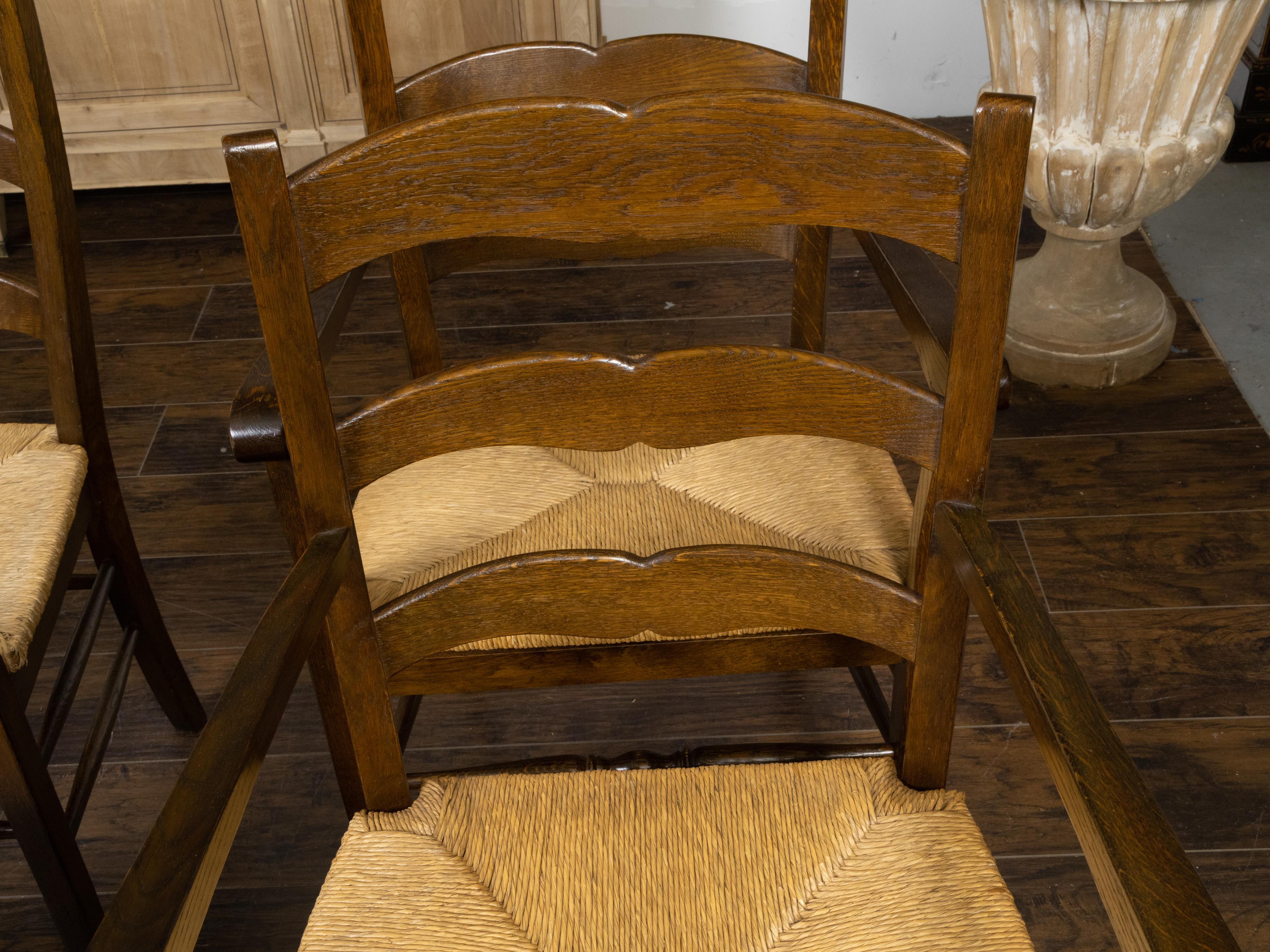 Set of Eight Turn of the Century Oak Ladderback Dining Chairs with Rush Seats 2