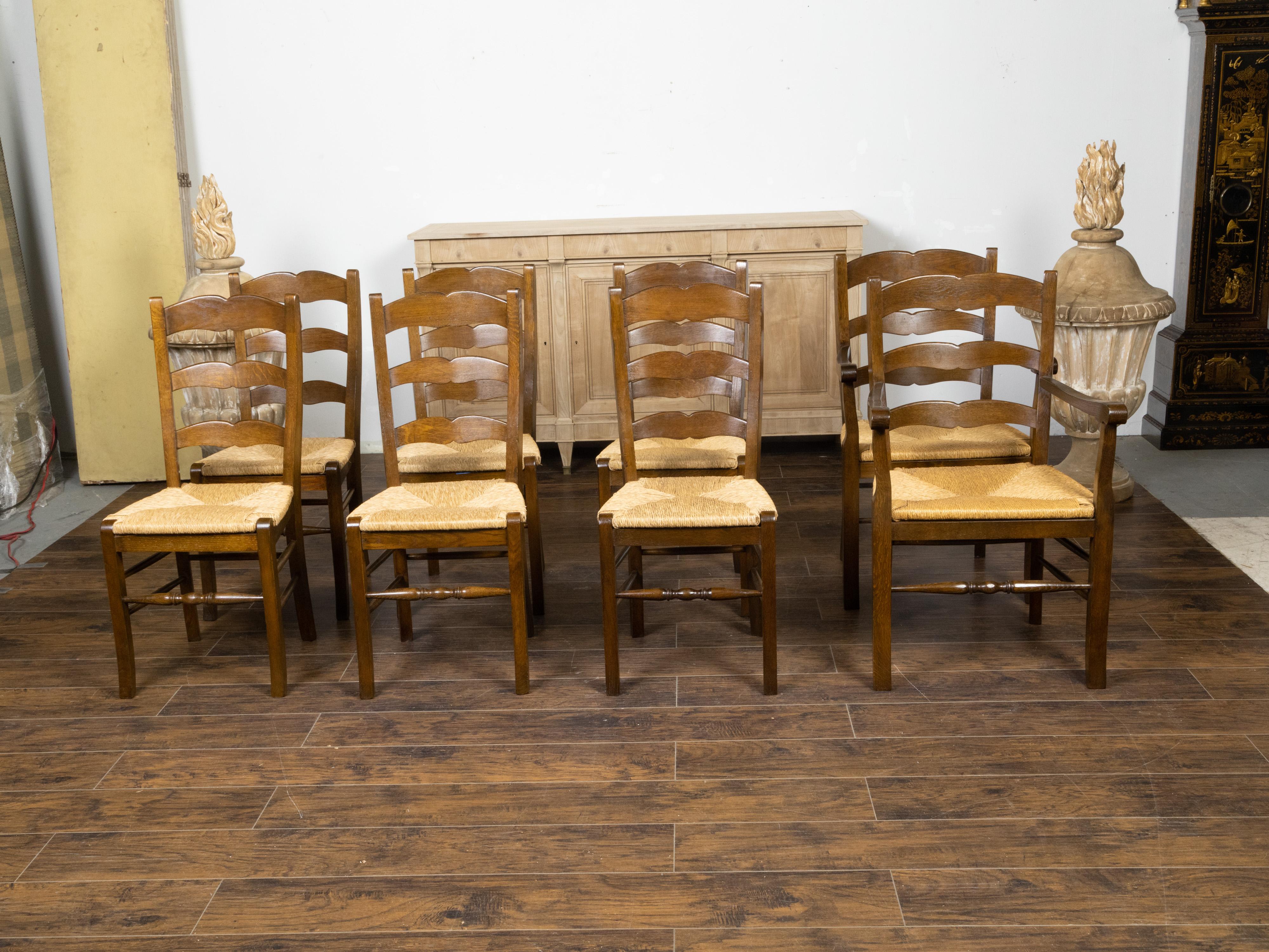 Set of Eight Turn of the Century Oak Ladderback Dining Chairs with Rush Seats 5