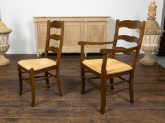 Set of Eight Turn of the Century Oak Ladderback Dining Chairs with Rush Seats