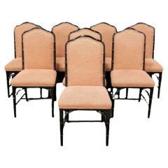 Retro Set of Eight Upholstered Faux Bamboo Chairs