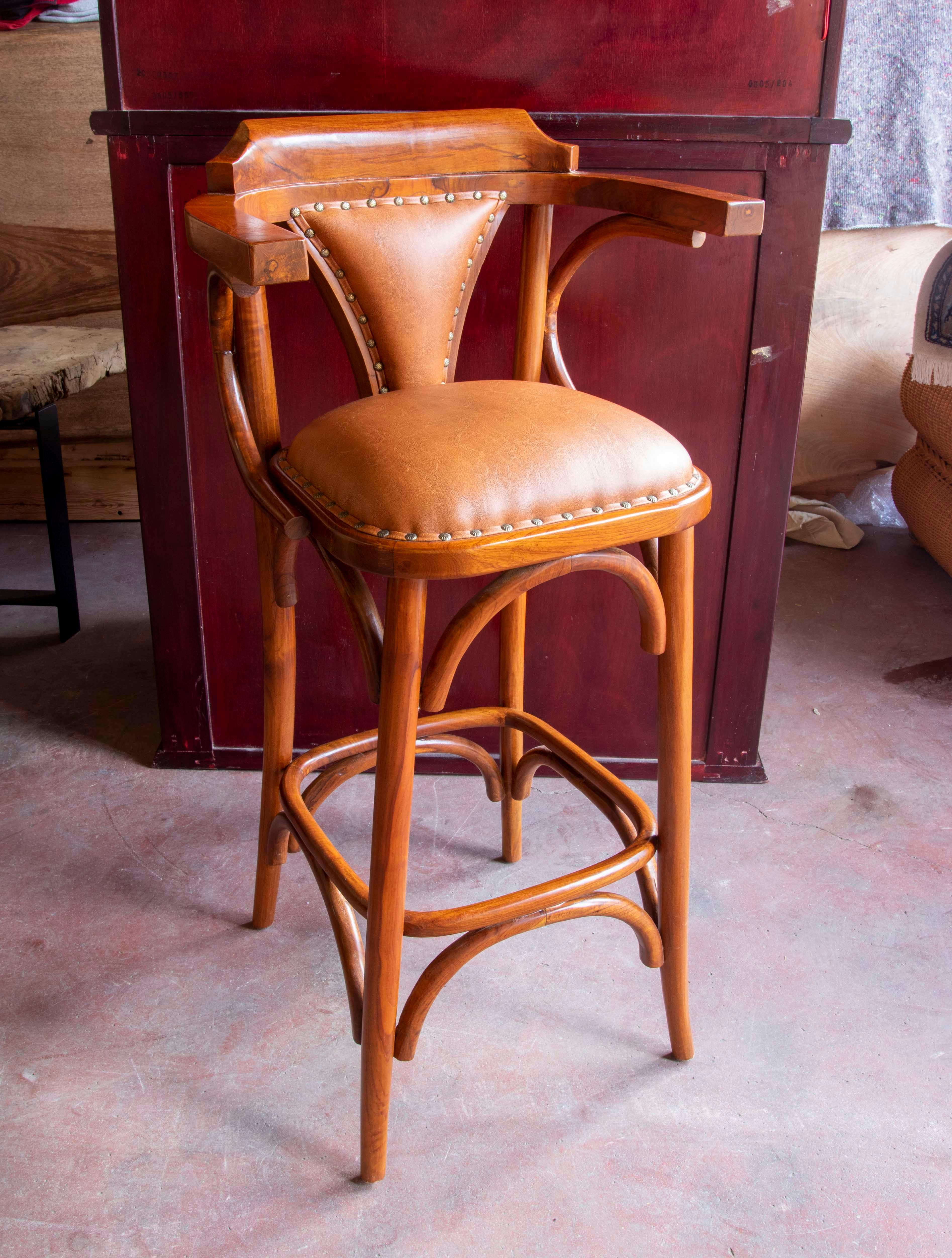 Spanish Set of Eight Upholstered Wooden Stools with Backrests  For Sale