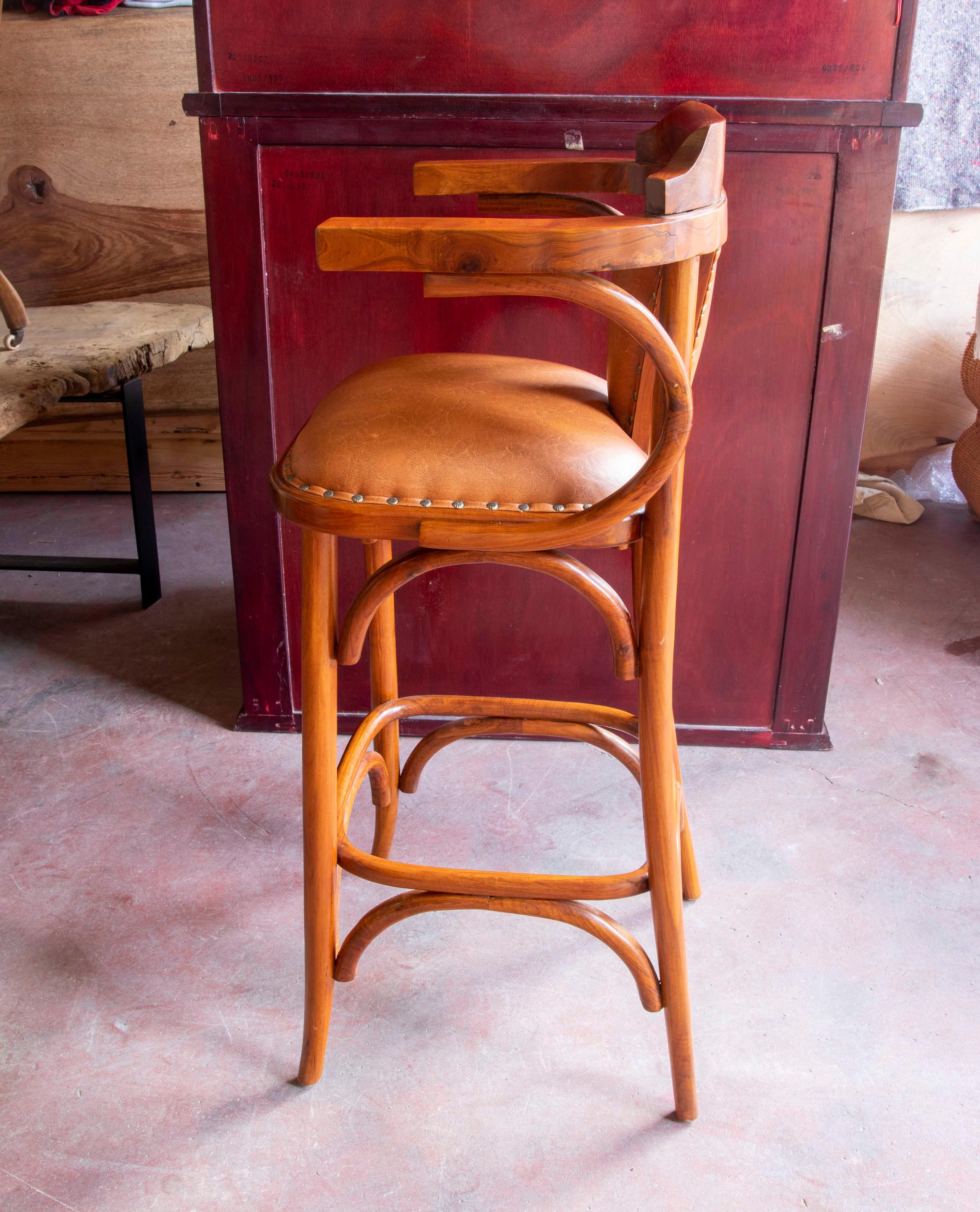 Late 20th Century Set of Eight Upholstered Wooden Stools with Backrests  For Sale