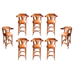 Set of Eight Upholstered Wooden Stools with Backrests