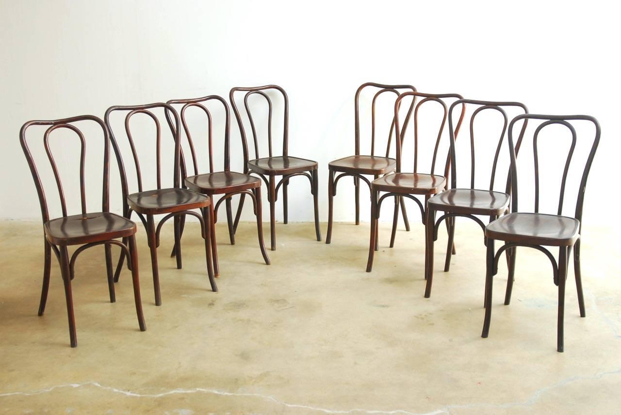 Classic set of eight Thonet style Viennese bentwood cafe chairs by J.J.Koh. Early model chairs produced in the Vienna Secession era from the Polish Wojciechow factory that was opened in 1872. Factory stamps still visible on some chairs with partial
