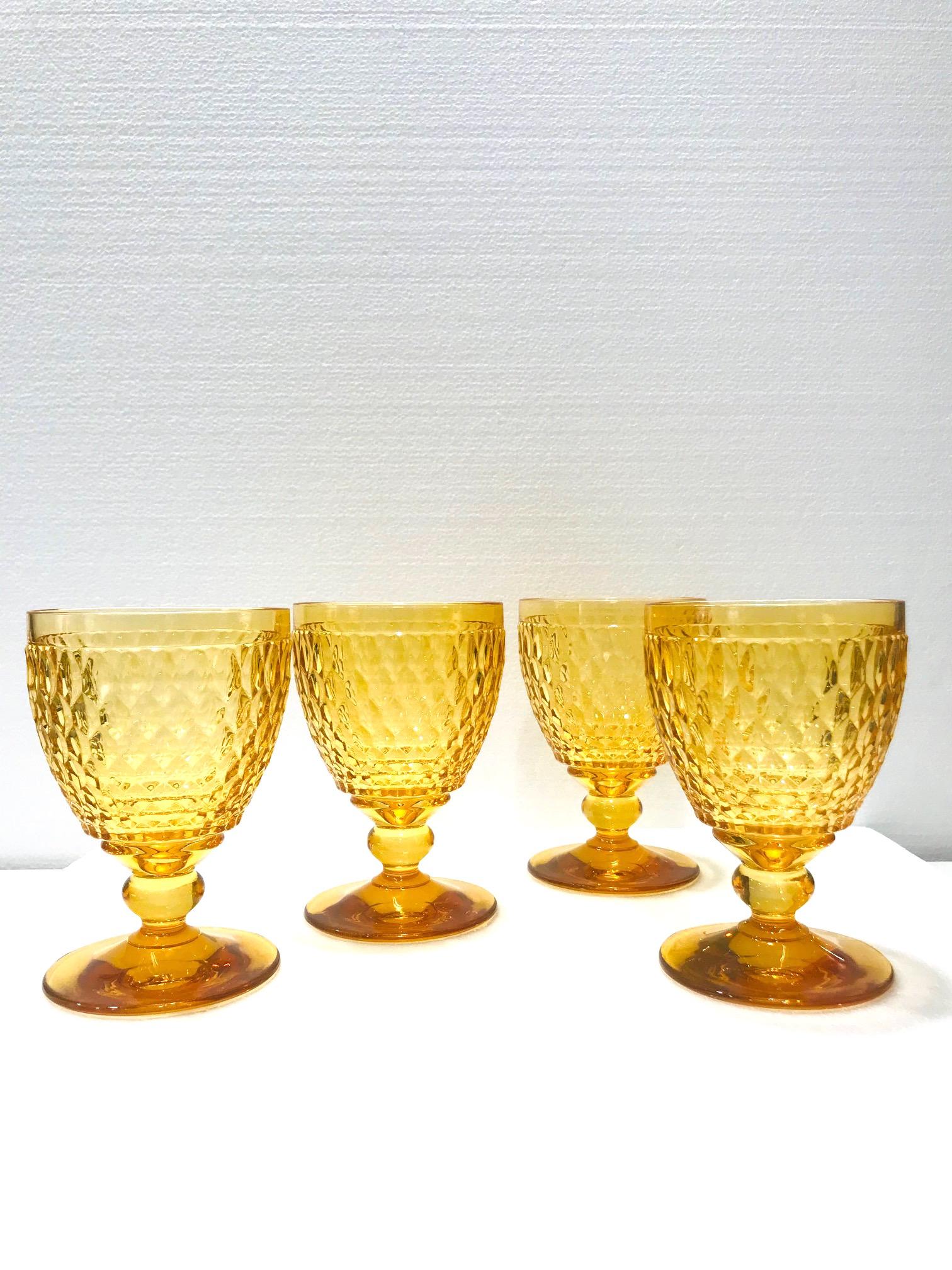 Hollywood Regency Set of Eight Villeroy & Boch Crystal Water Goblets in Amber Yellow, circa 2000