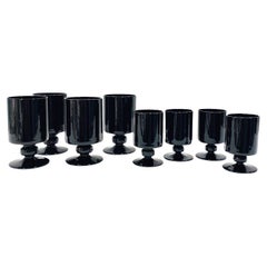 Set of Eight Vintage Black Crystal Stemware and Wine Glasses, Italy, c. 1980s