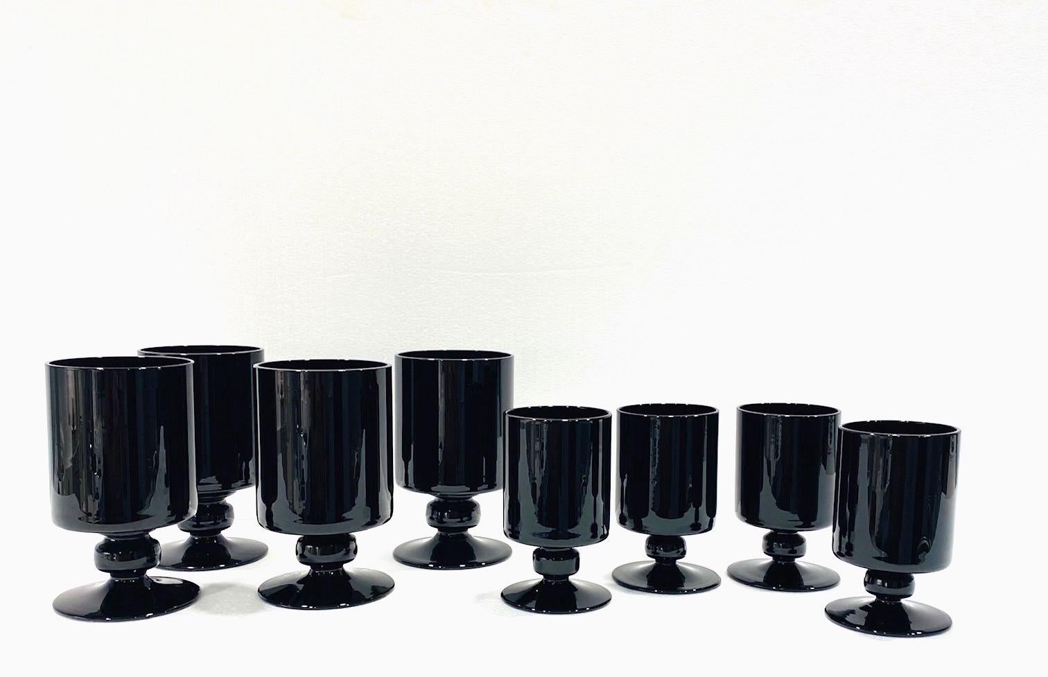 Hollywood Regency Set of Eight Vintage Black Crystal Wine and Stemware Glasses, circa 1980s