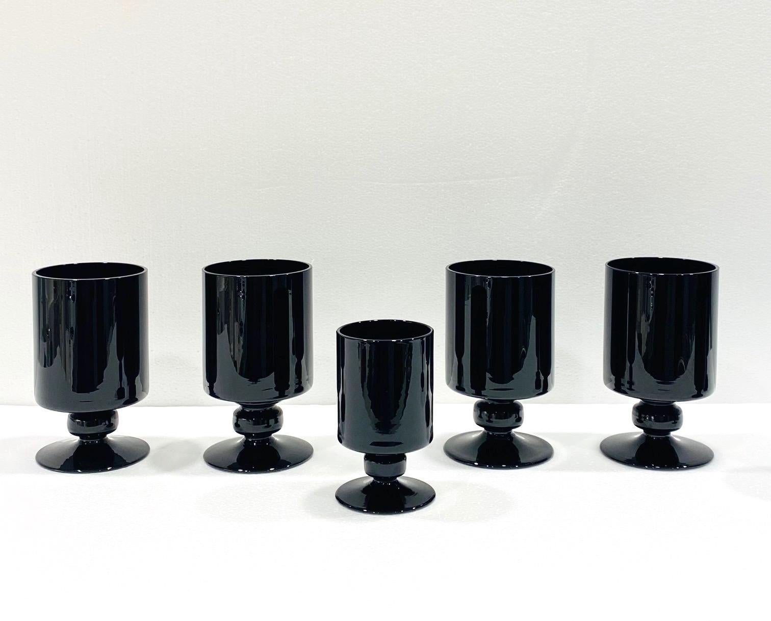 Czech Set of Eight Vintage Black Crystal Wine and Stemware Glasses, circa 1980s