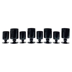 Set of Eight Vintage Black Crystal Wine and Stemware Glasses, circa 1980s