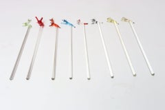 Set of Eight Vintage Blown Glass Animal Cocktail Stirrers with Box by Saxon