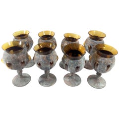 Set of Eight Vintage Blown Glass Encased in Metal Goblets from Tlaquepaque
