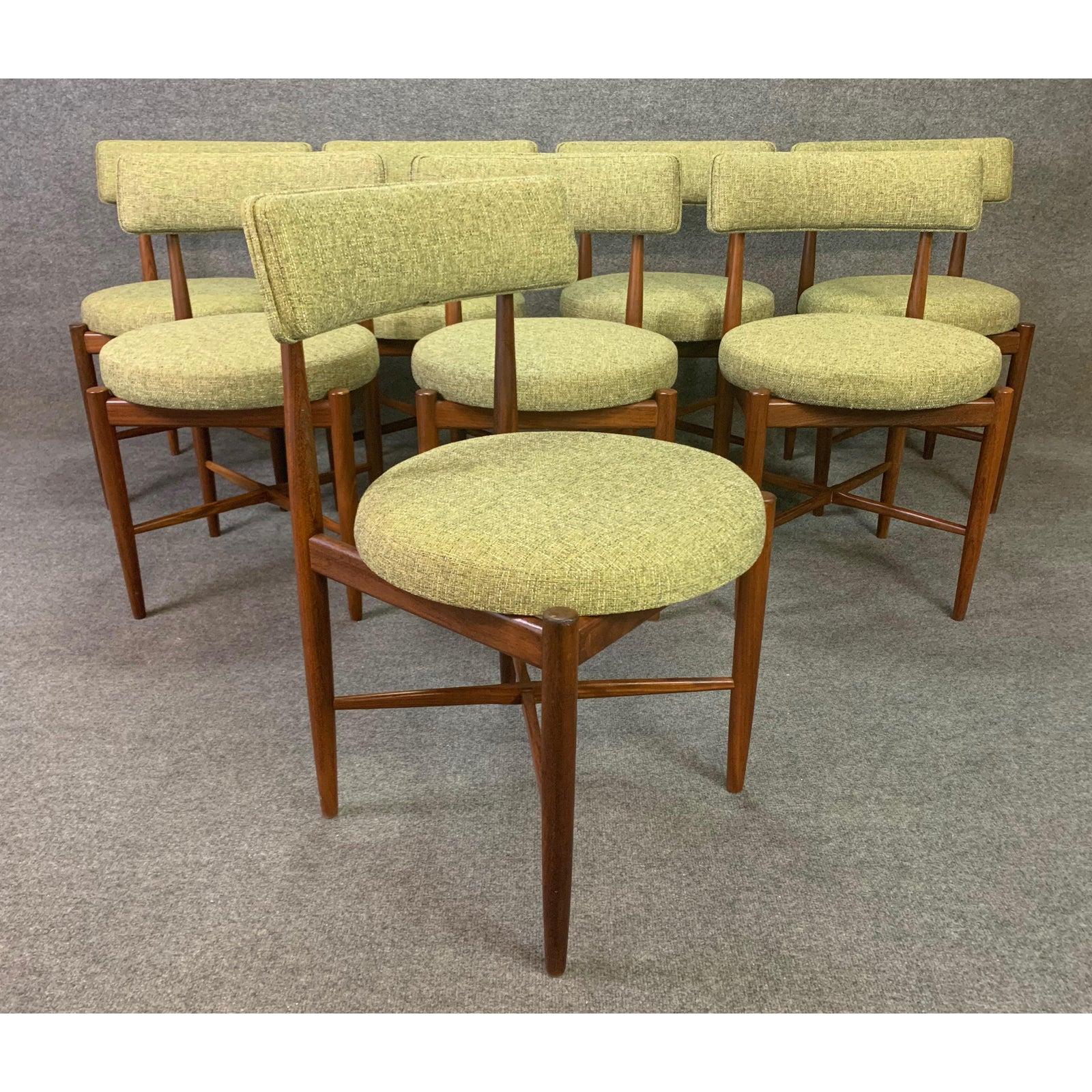 Here is an exquisite set of eight vintage dining chairs in teak wood designed by Victor Wilkins and manufactured in England in the 1960s.
These lovely and comfortable chairs set, recently imported form the UK to California before their restoration,
