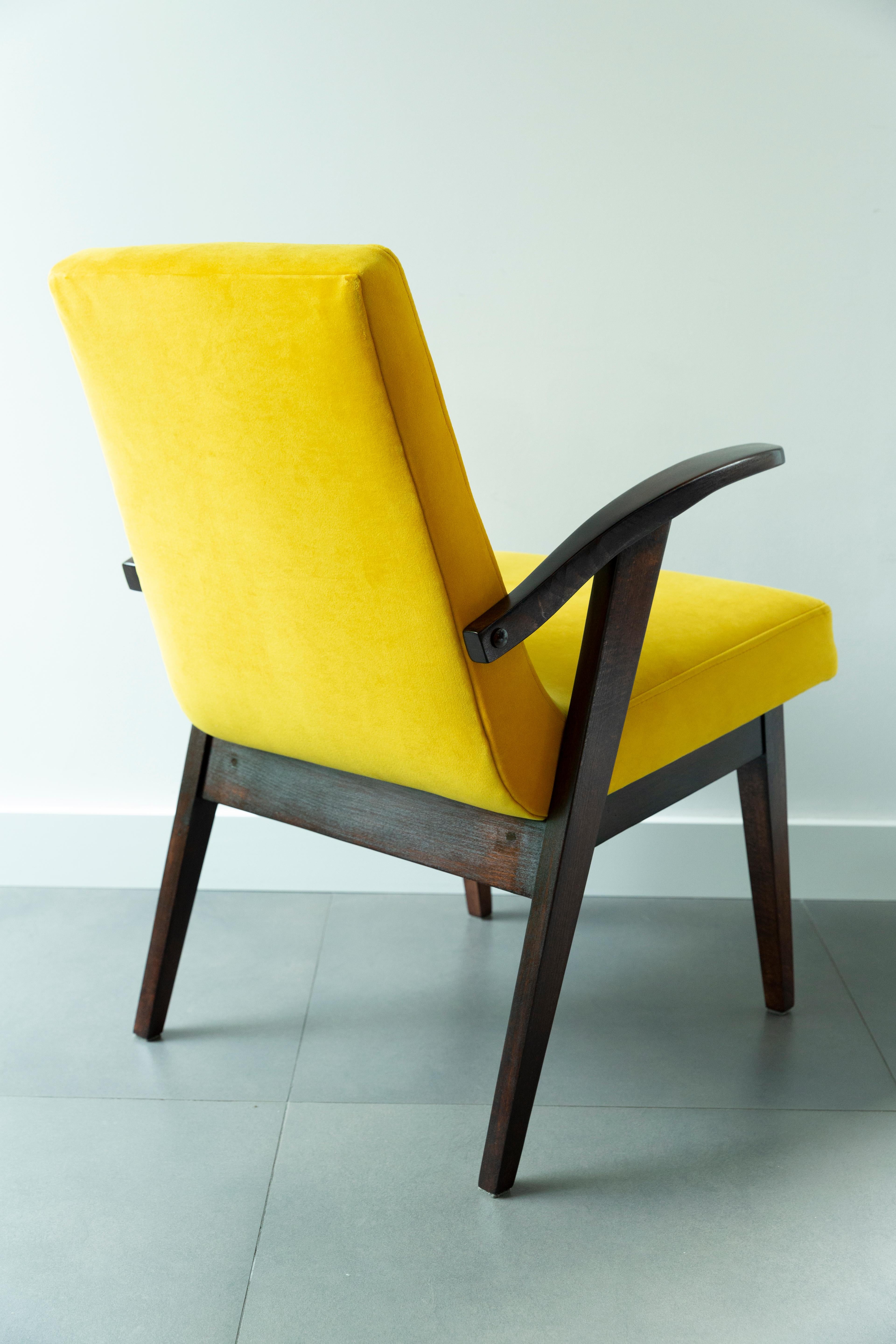 Set von acht Vintage-Stühlen aus gelbem Samt von Mieczyslaw Puchala, 1960er Jahre im Zustand „Hervorragend“ im Angebot in 05-080 Hornowek, PL