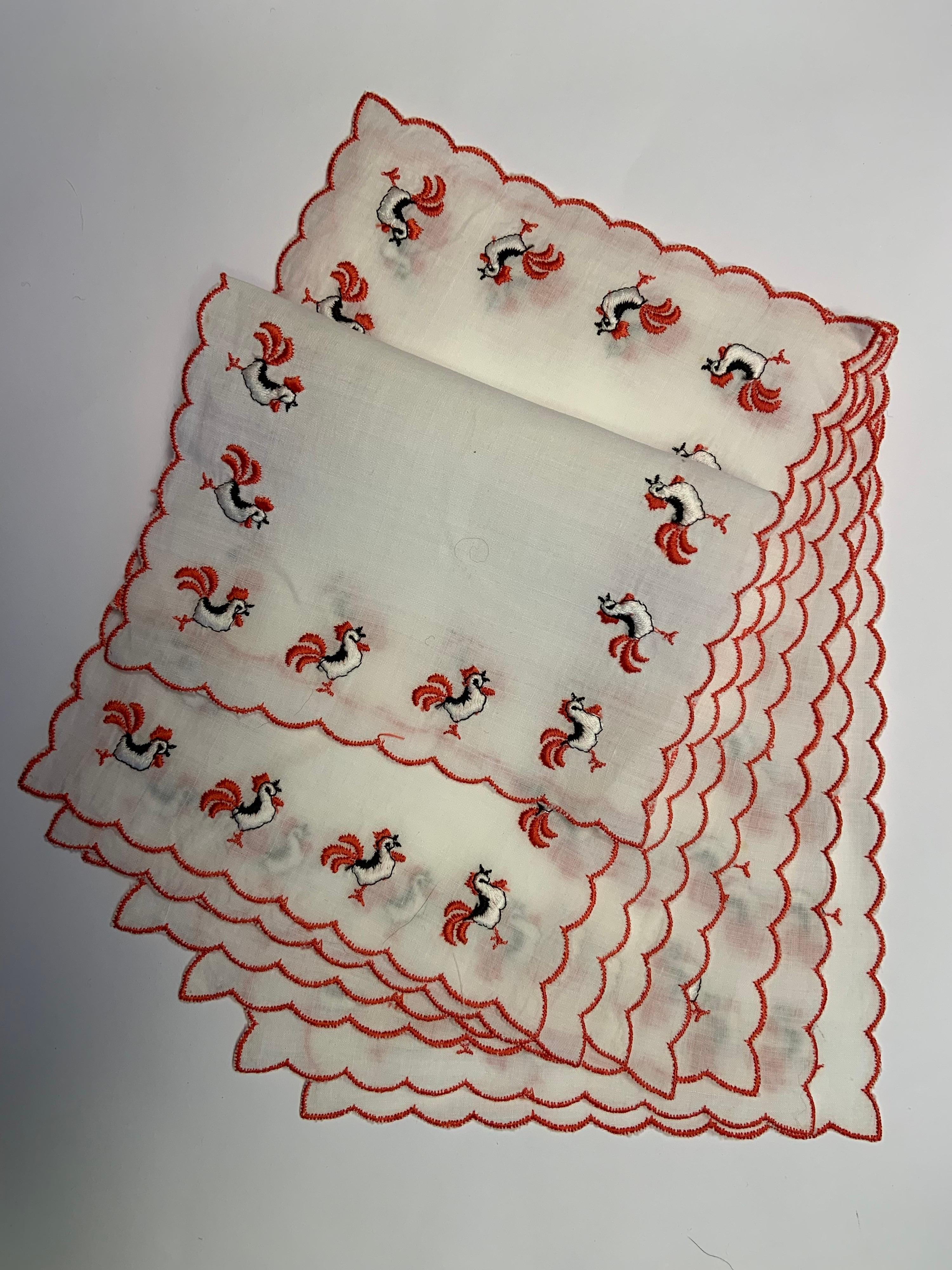 Brown Set of Eight Vintage Cocktail Napkins with Embroidered Roosters
