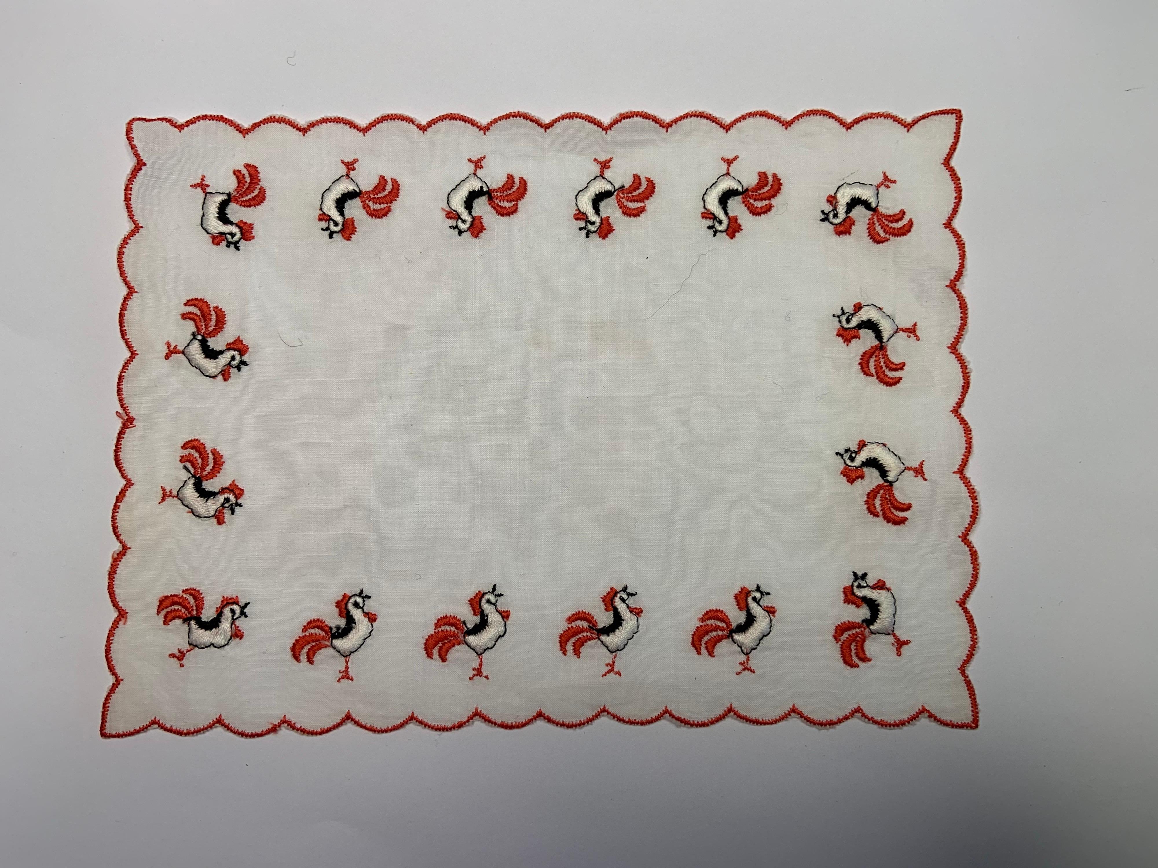 Set of Eight Vintage Cocktail Napkins with Embroidered Roosters In Excellent Condition In New Hope, PA