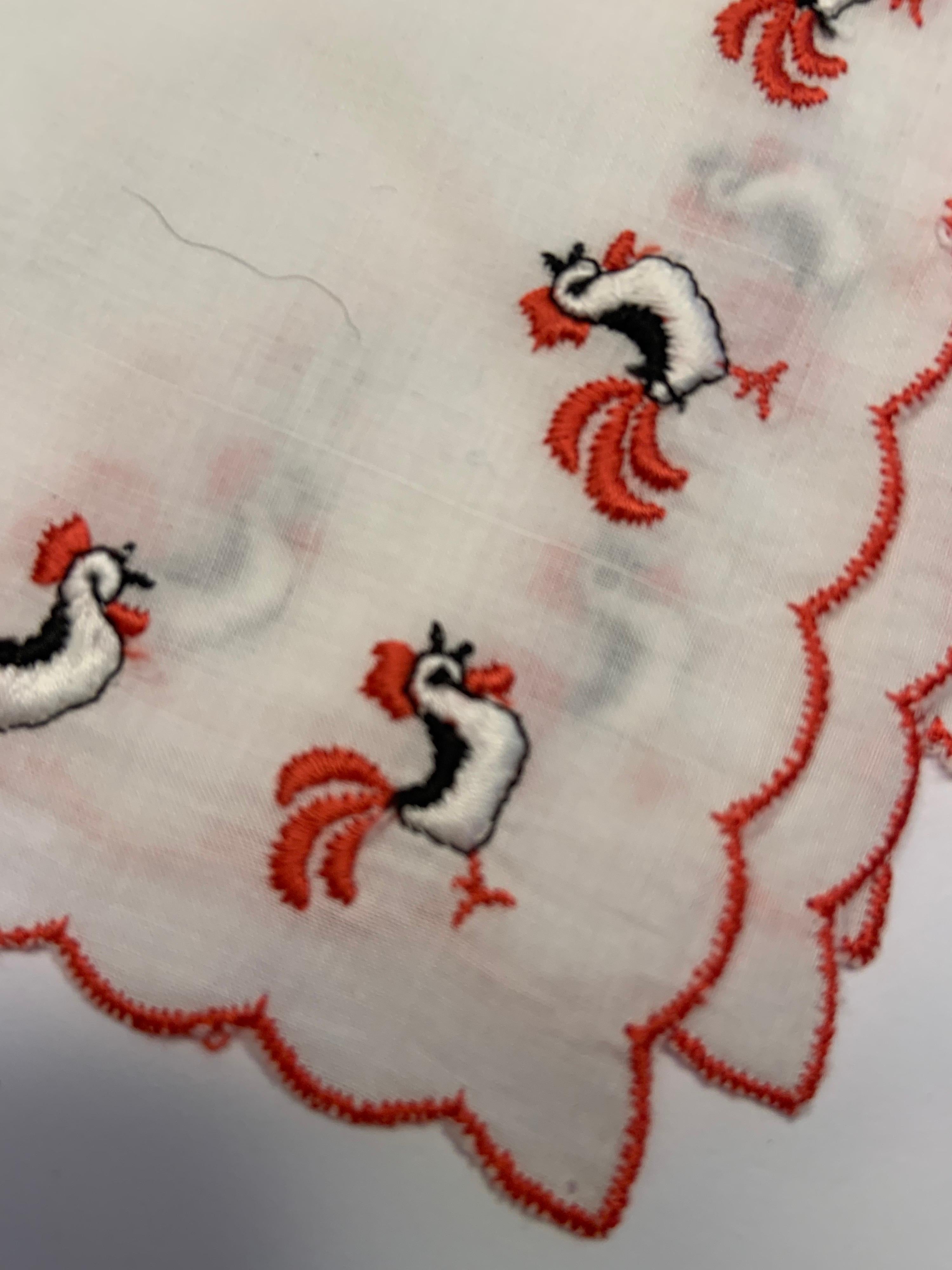 Women's or Men's Set of Eight Vintage Cocktail Napkins with Embroidered Roosters