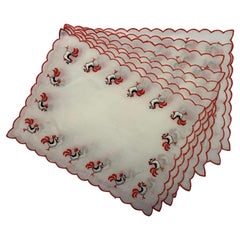Set of Eight Vintage Cocktail Napkins with Embroidered Roosters