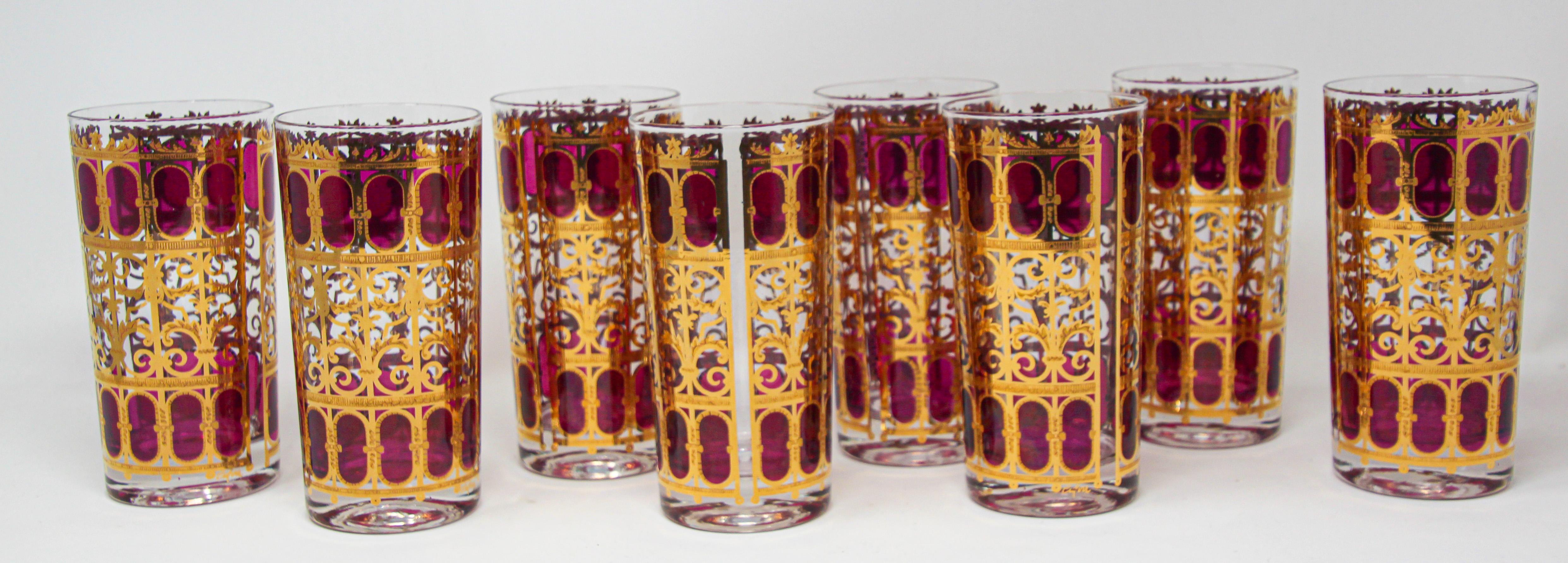 Vintage Culver Glasses with 22-Karat Gold and Red Moorish Design Set of Eight  10