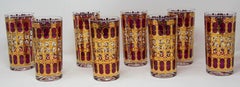 Vintage Culver Glasses with 22-Karat Gold and Red Moorish Design Set of Eight