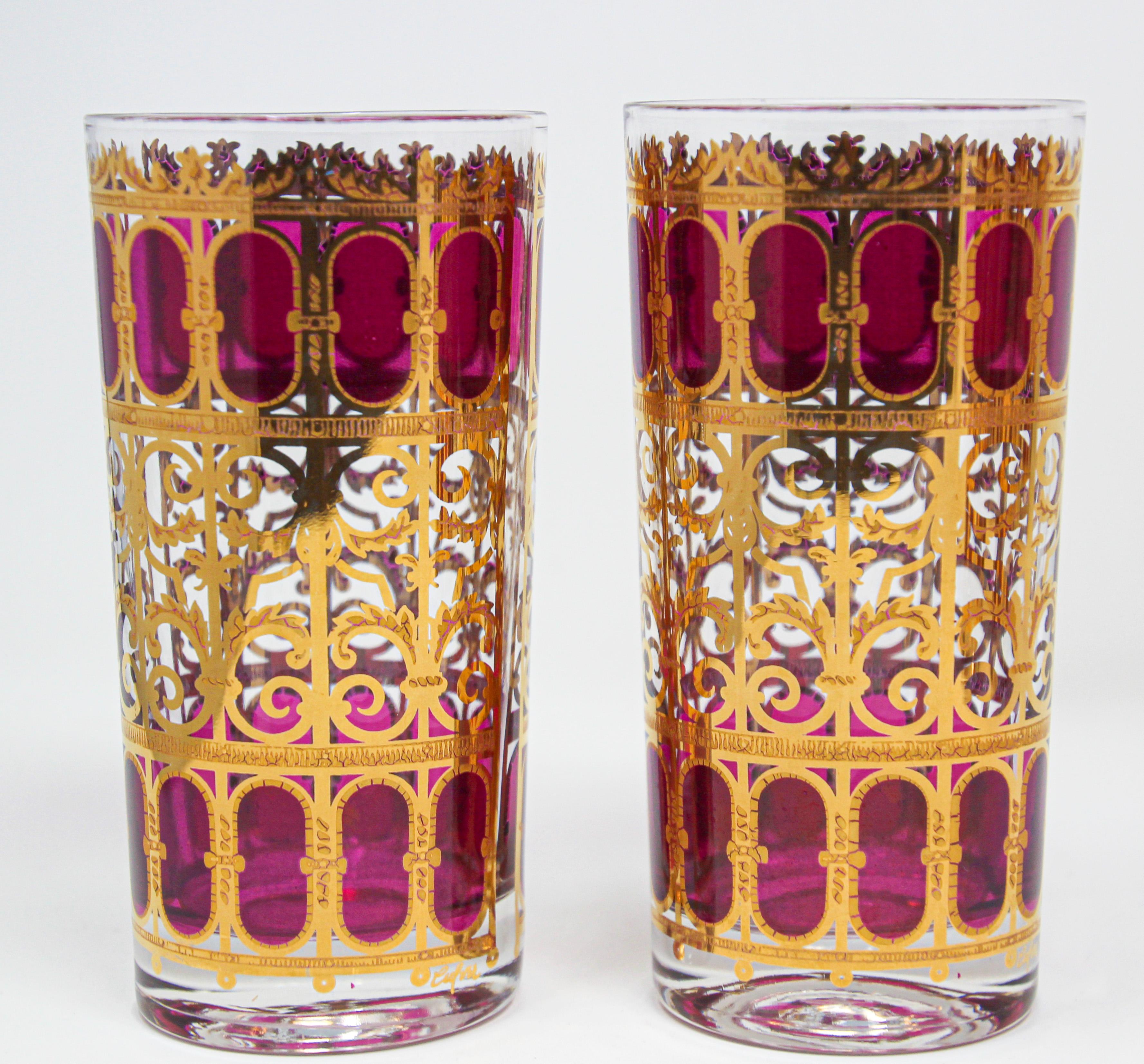 Hand-Painted Vintage Culver Glasses with 22-Karat Gold and Red Moorish Design Set of Eight 