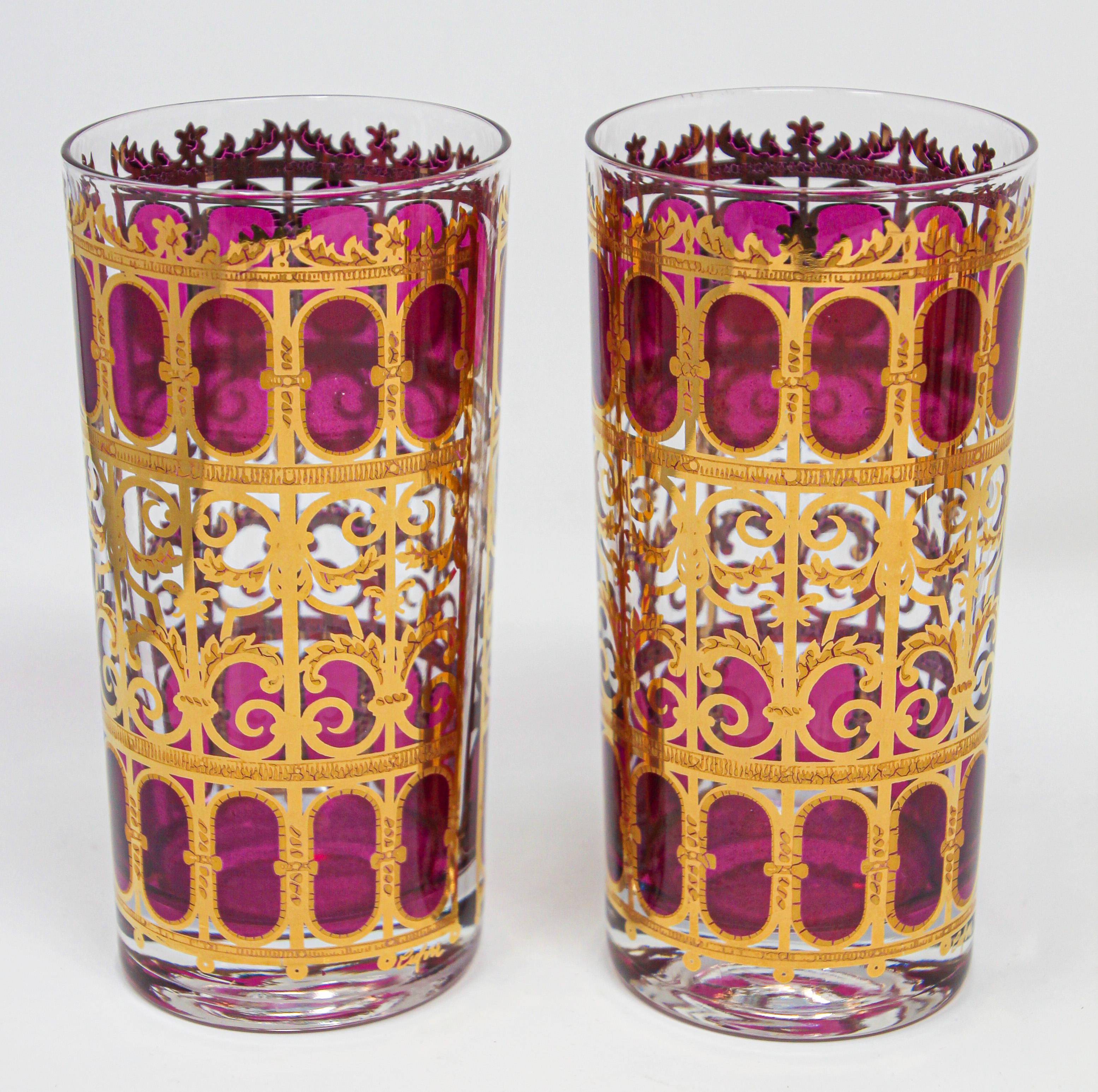 Vintage Culver Glasses with 22-Karat Gold and Red Moorish Design Set of Eight  In Fair Condition In North Hollywood, CA