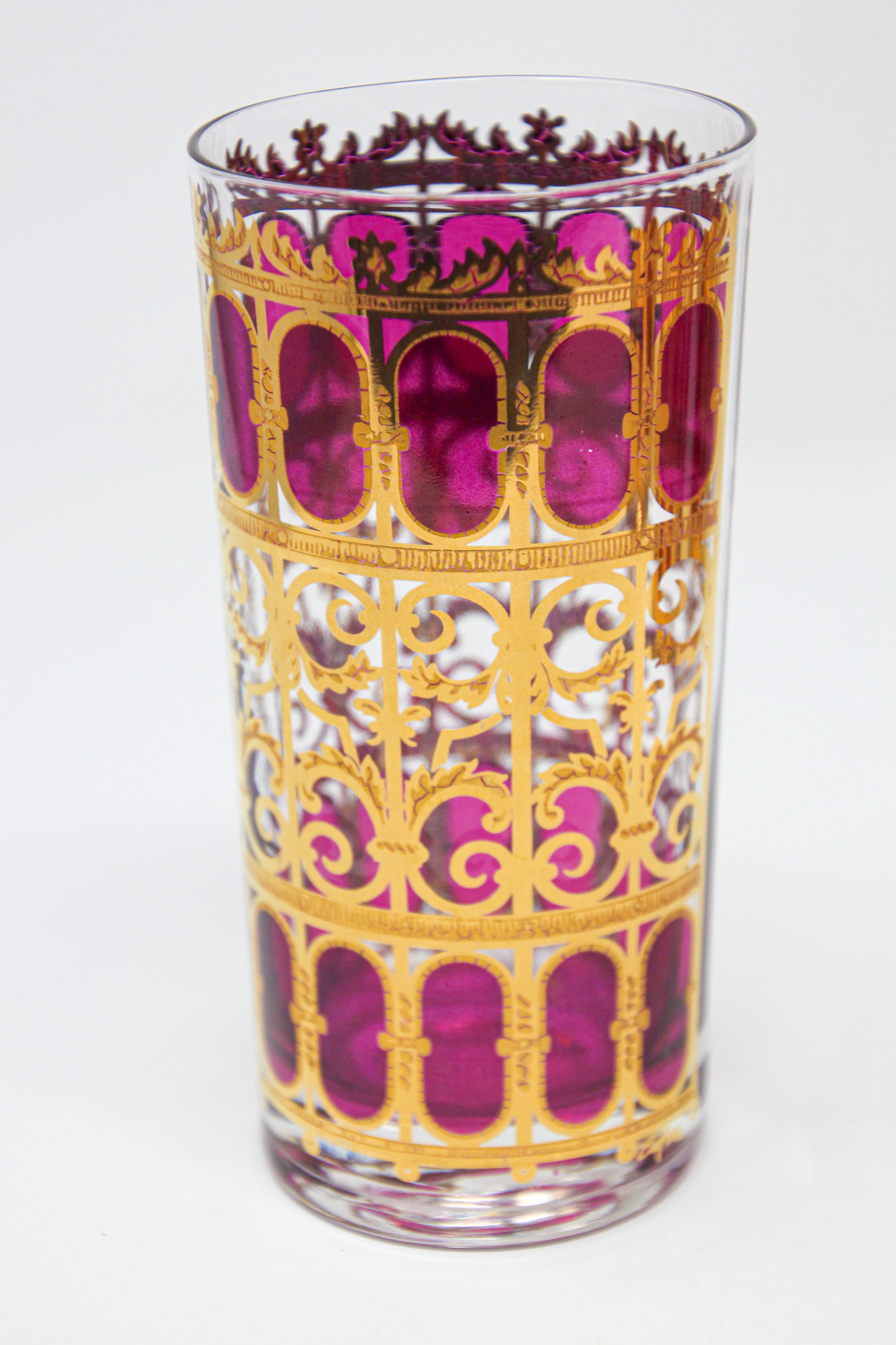 20th Century Vintage Culver Glasses with 22-Karat Gold and Red Moorish Design Set of Eight 
