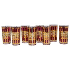 Ensemble de huit verres à pied vintage en or 22 carats et motifs mauresques rouges 
