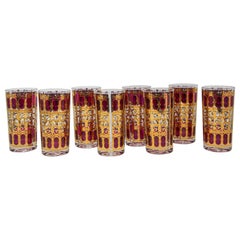 Retro Culver Glasses with 22-Karat Gold and Red Moorish Design Set of Eight 