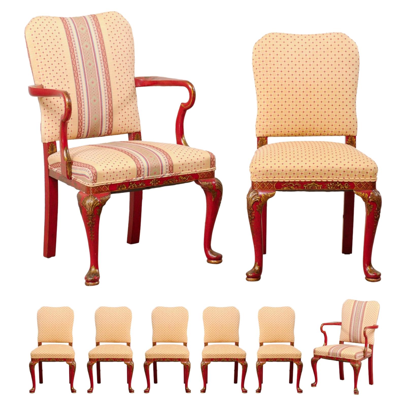 Set of Eight Vintage Dining Chairs with Han Painted Chinoiserie in Red and Gold