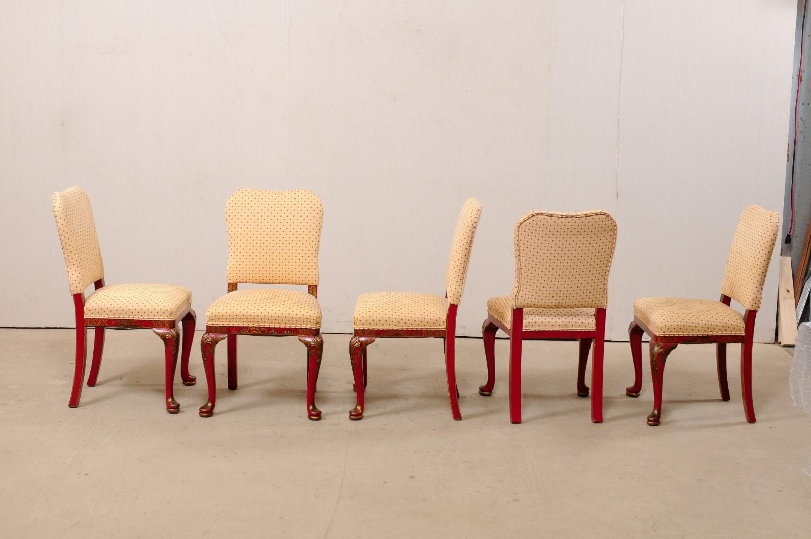 Set of Eight Vintage Dining Chairs with Han Painted Chinoiserie in Red and Gold For Sale 4