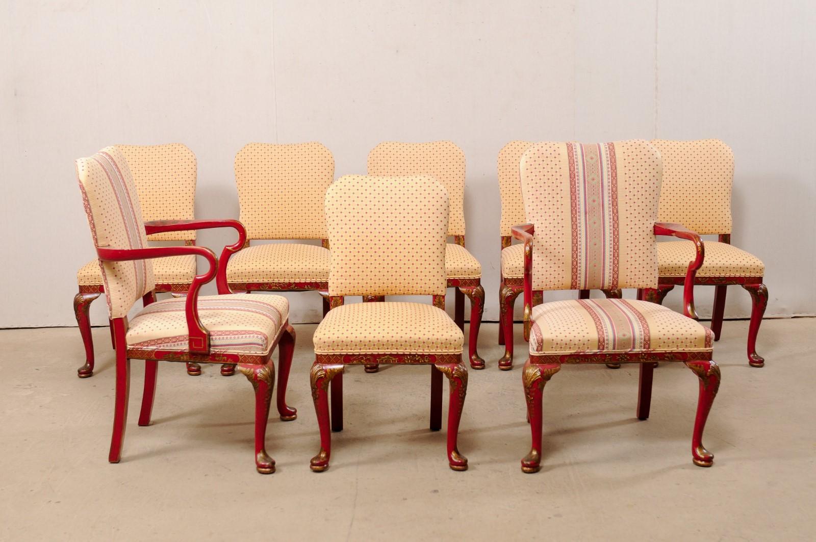 Américain Ensemble de huit chaises de salle à manger vintage avec chinoiserie peinte par Han en rouge et or en vente