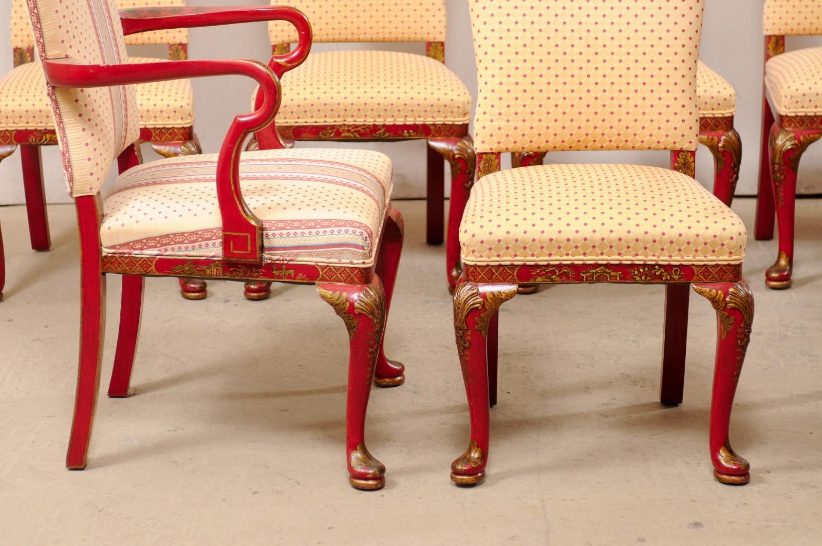 Set of Eight Vintage Dining Chairs with Han Painted Chinoiserie in Red and Gold In Good Condition For Sale In Atlanta, GA