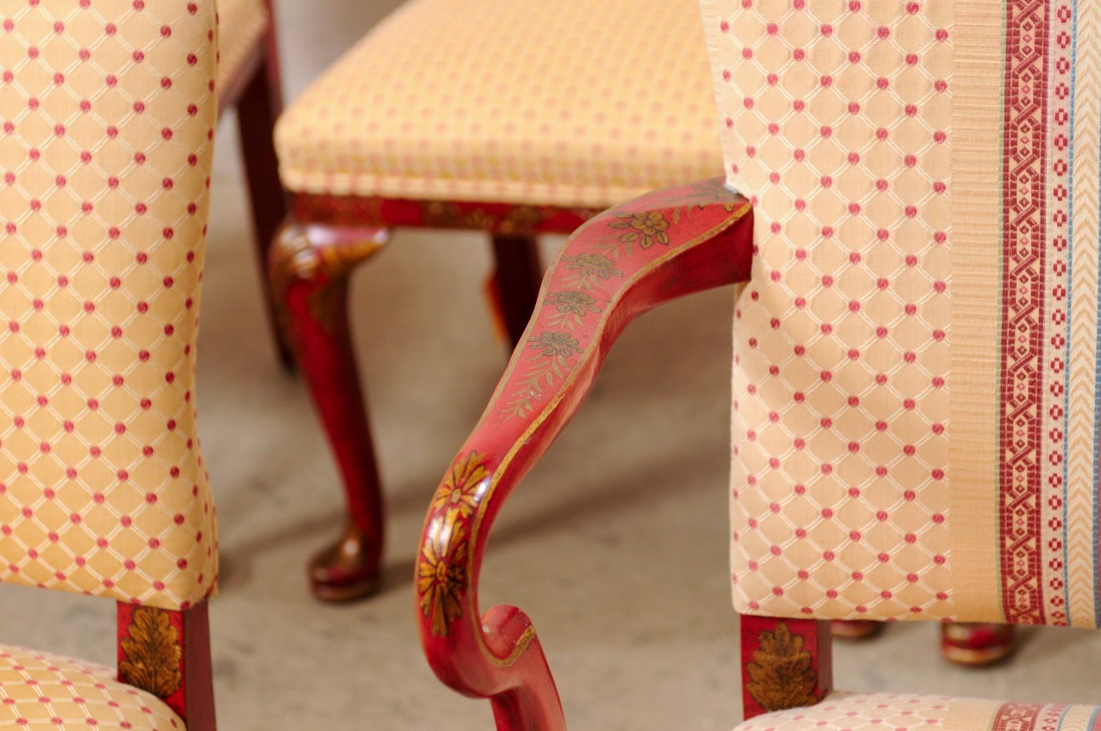 Wood Set of Eight Vintage Dining Chairs with Han Painted Chinoiserie in Red and Gold For Sale