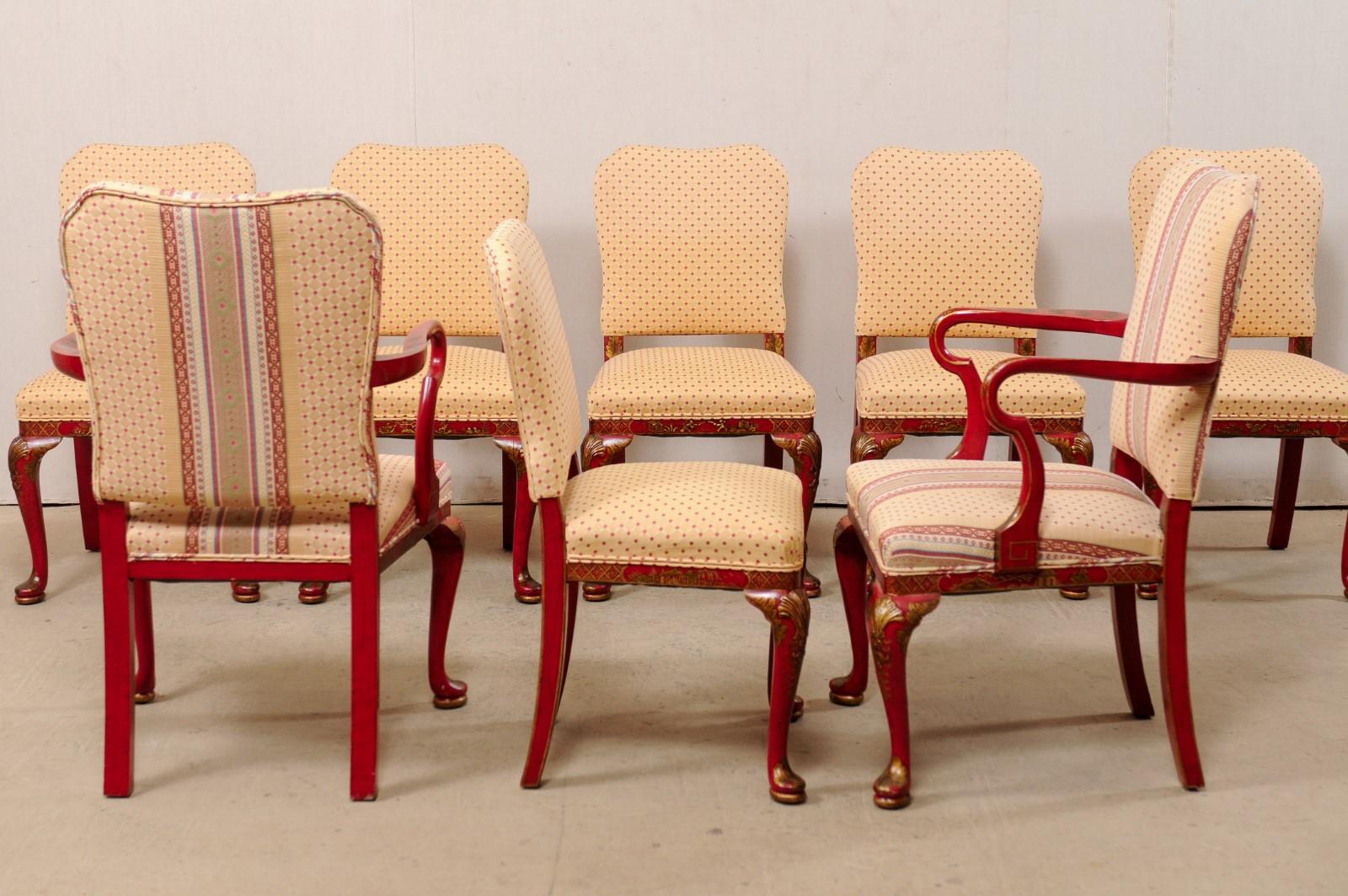 Set of Eight Vintage Dining Chairs with Han Painted Chinoiserie in Red and Gold For Sale 1