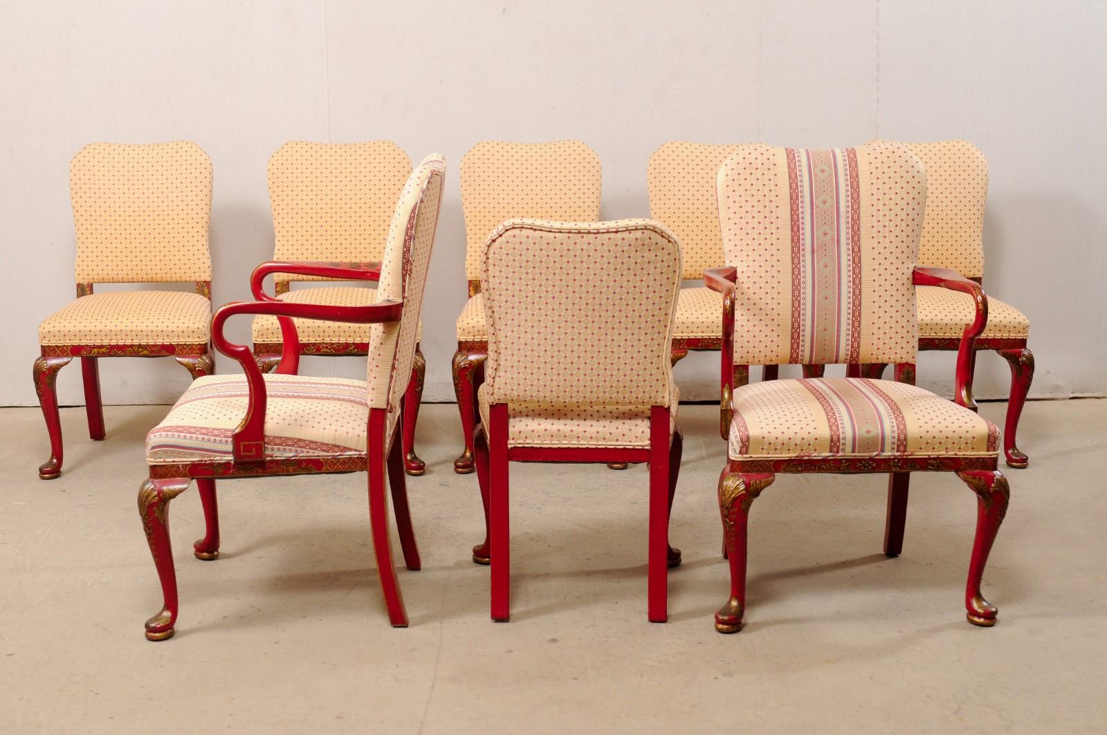 Set of Eight Vintage Dining Chairs with Han Painted Chinoiserie in Red and Gold For Sale 2